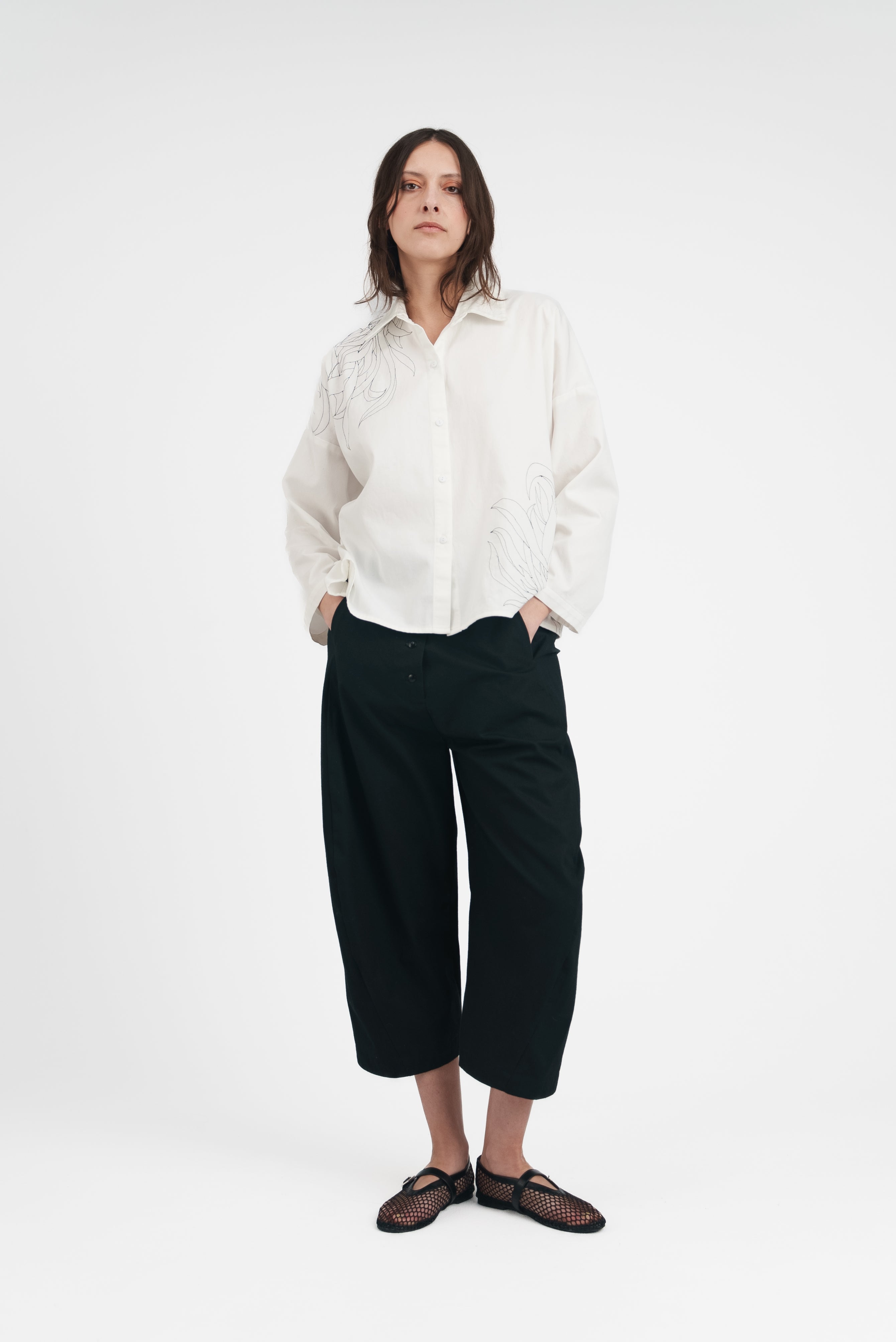 Beverly Shirt in Embroidered Ivory Cotton Twill