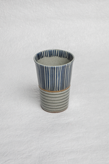 Tall Stoneware Cup in Blue and Olive Stripes