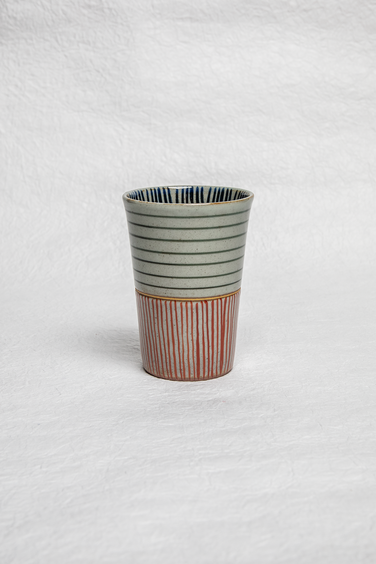 Tall Stoneware Cup in Olive and Red Stripes