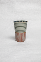 Tall Stoneware Cup in Olive and Red Stripes