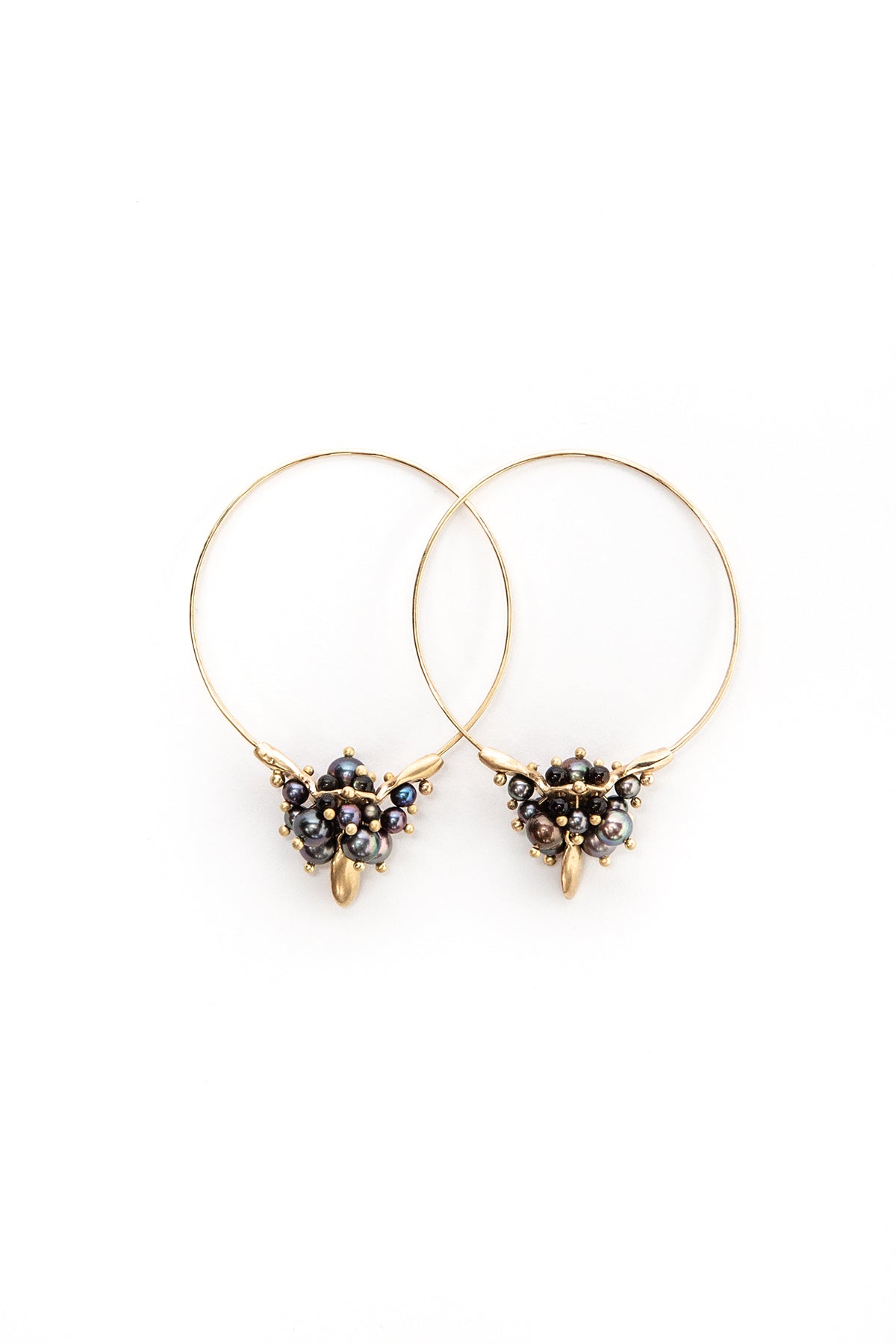 Small Hoop Cluster Earrings with Black Pearls