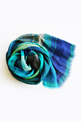 Linen Scarf in Blue and Green Plaid