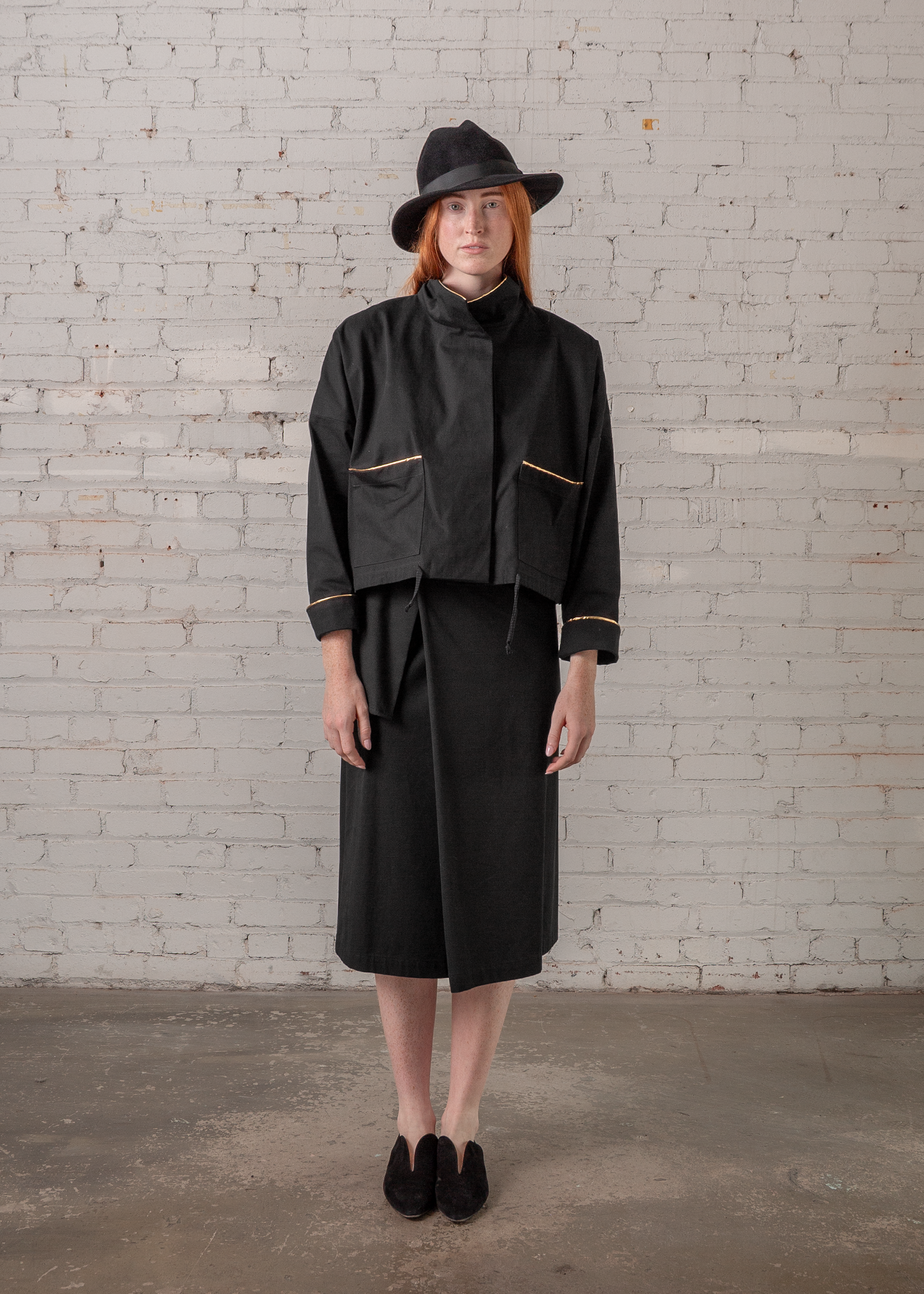 Anorak Jacket in Black Twill with Gold Trim