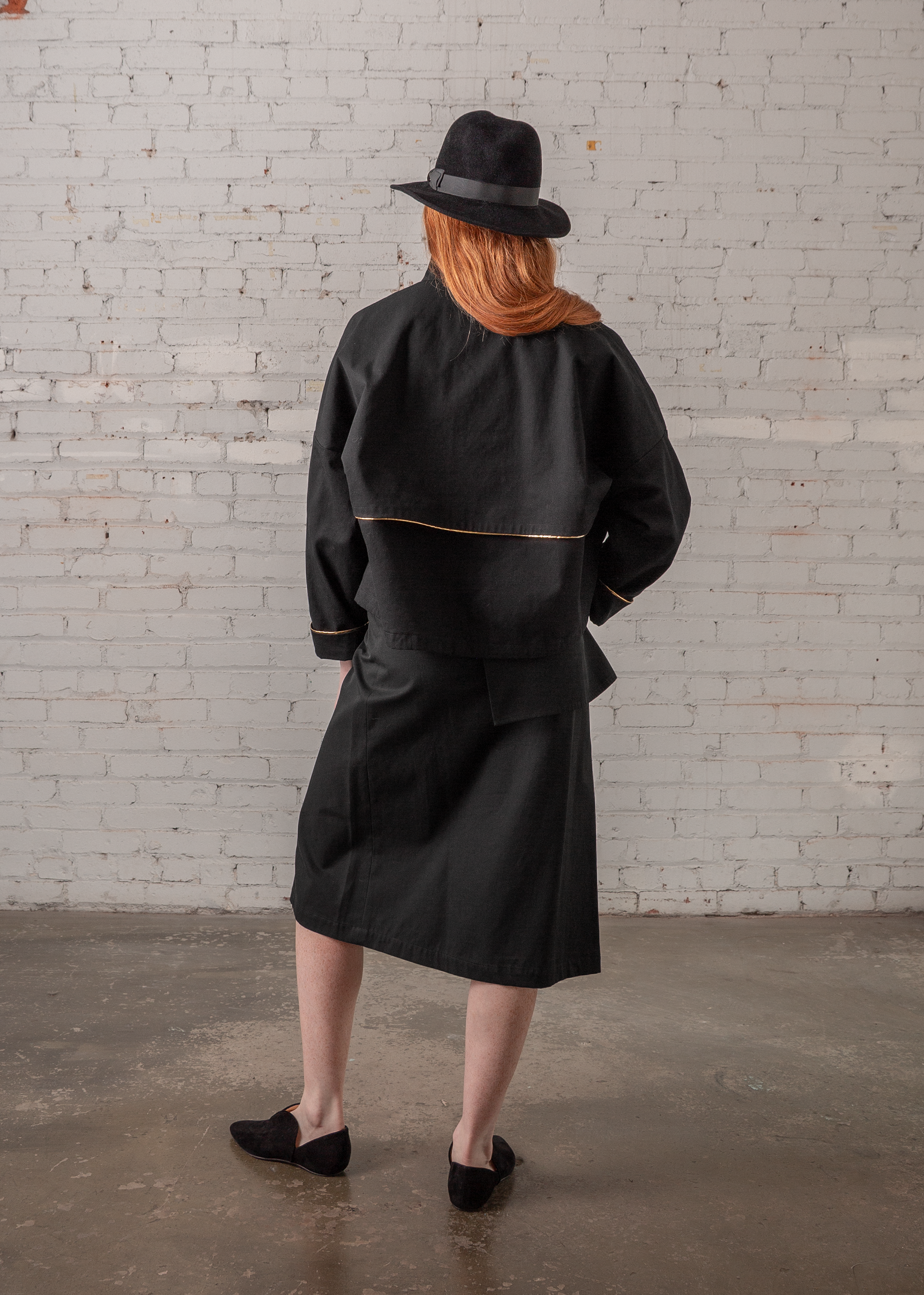 Anorak Jacket in Black Twill with Gold Trim