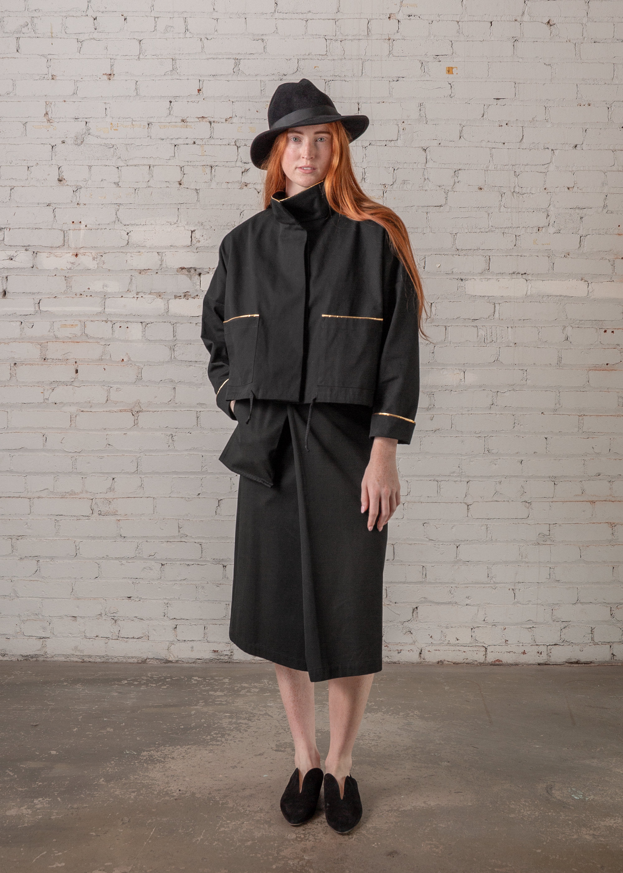 Anorak Jacket in Black Twill with Gold Trim