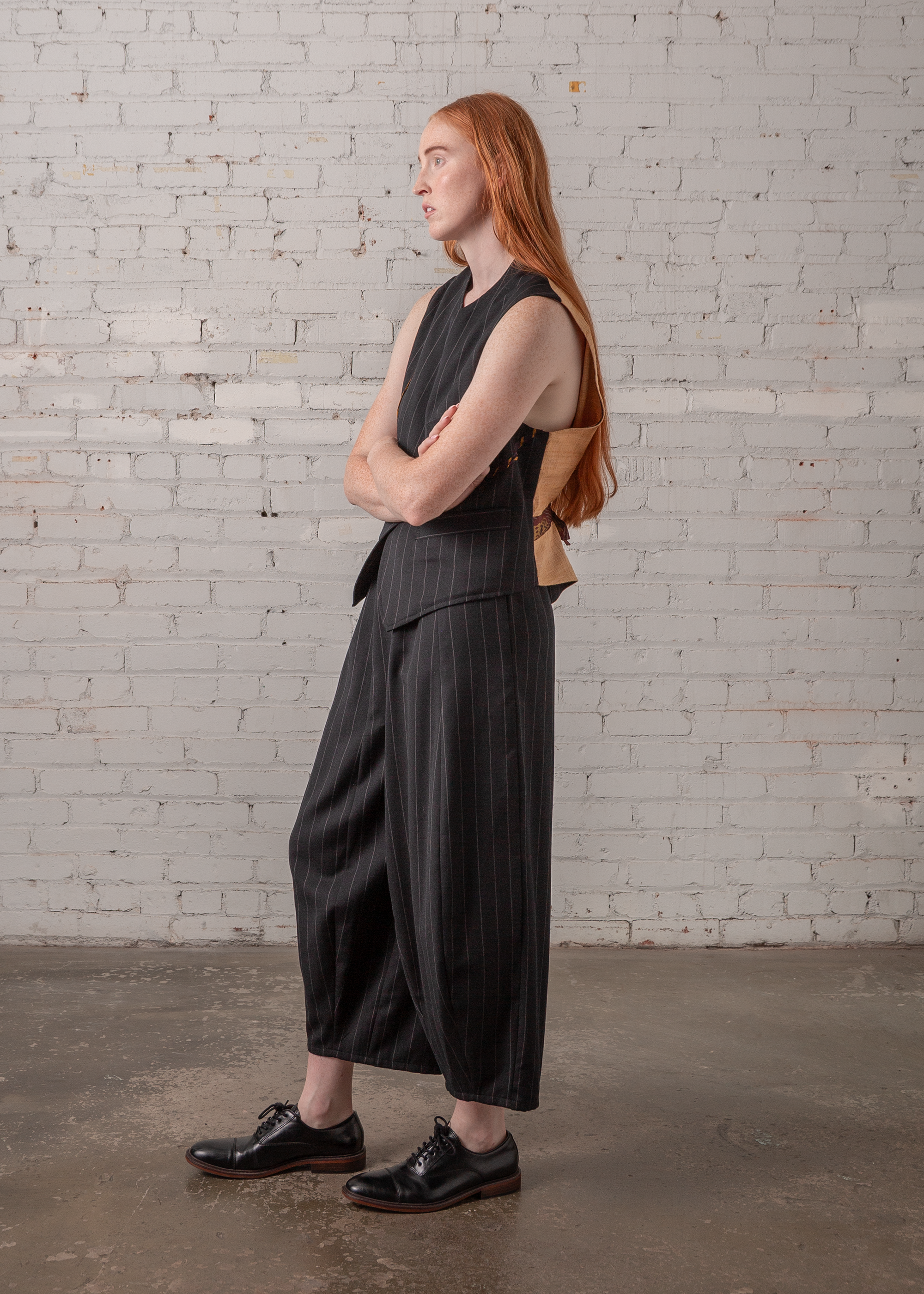 Japan Vest in Wool Pinstripe with Vintage Ribbons