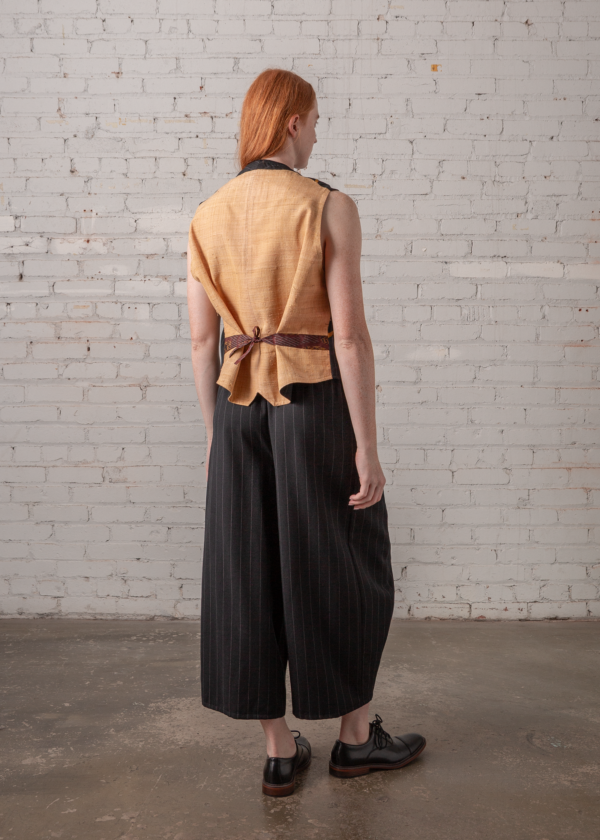 Japan Vest in Wool Pinstripe with Vintage Ribbons