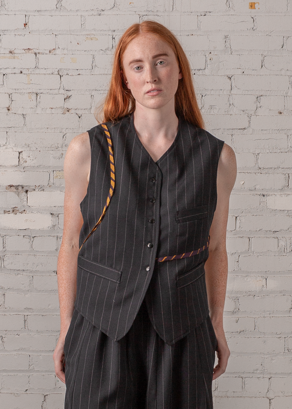 Japan Vest in Wool Pinstripe with Vintage Ribbons