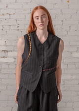 Japan Vest in Wool Pinstripe with Vintage Ribbons