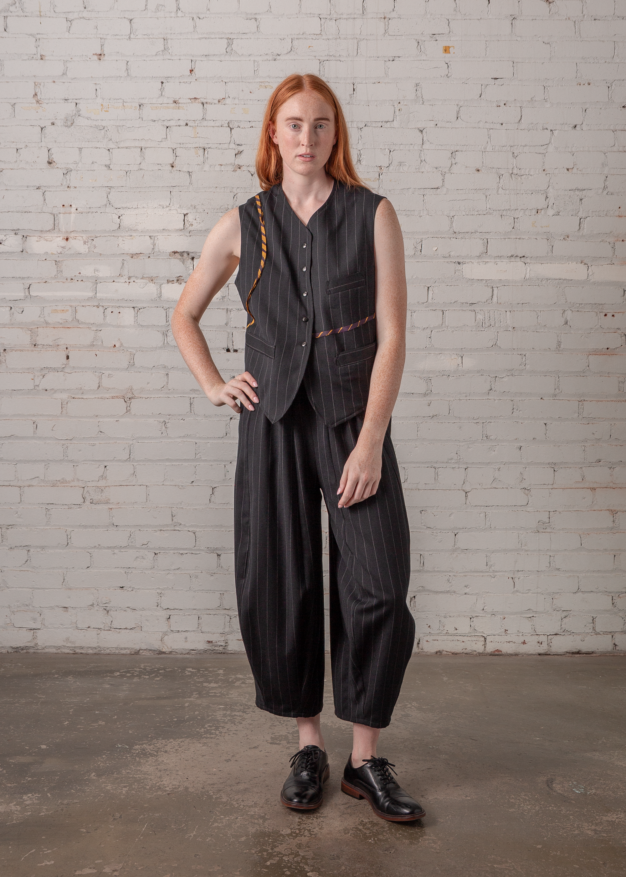 Japan Vest in Wool Pinstripe with Vintage Ribbons