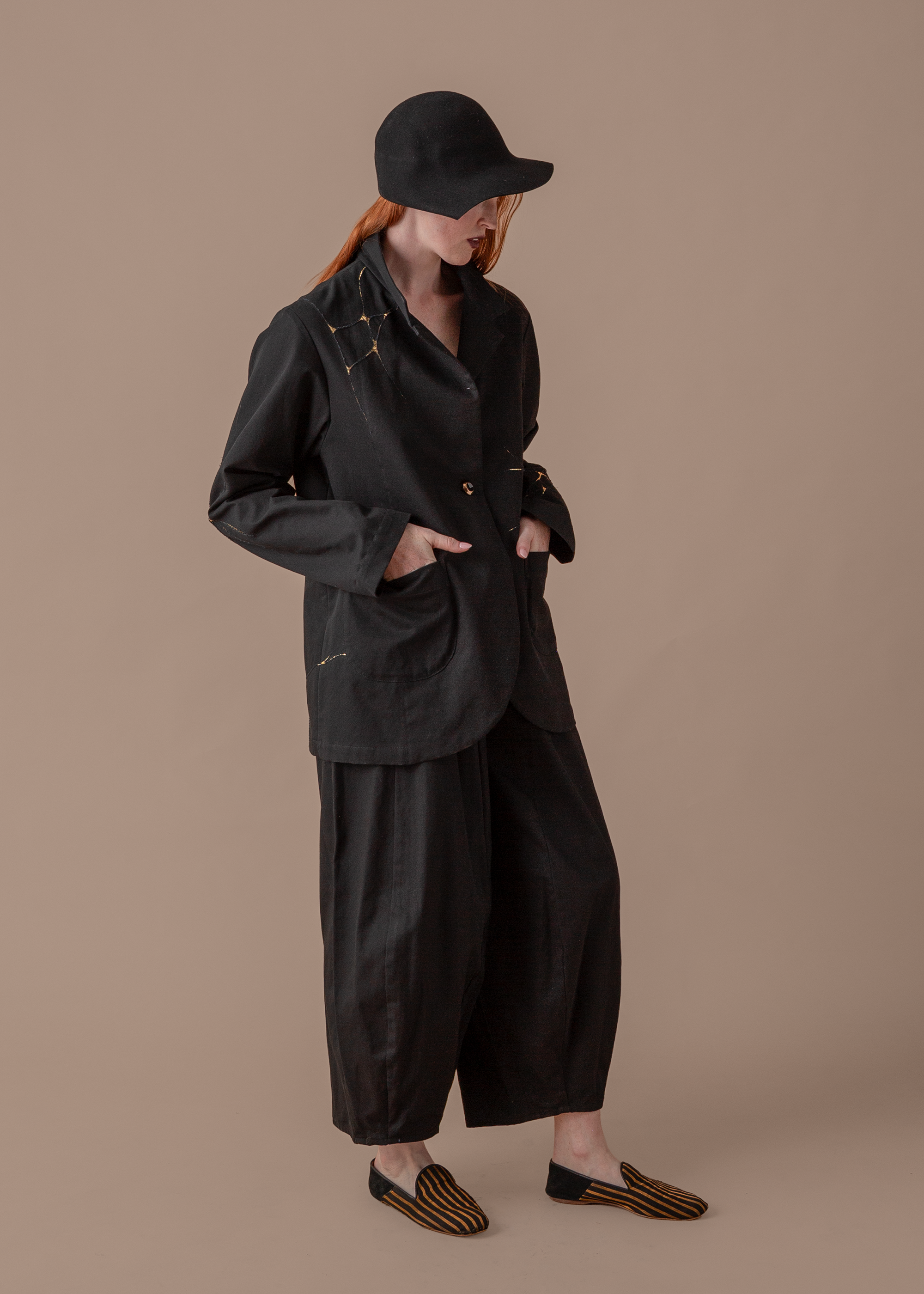Slouchy Christina Jacket in Black Twill with Kintsugi