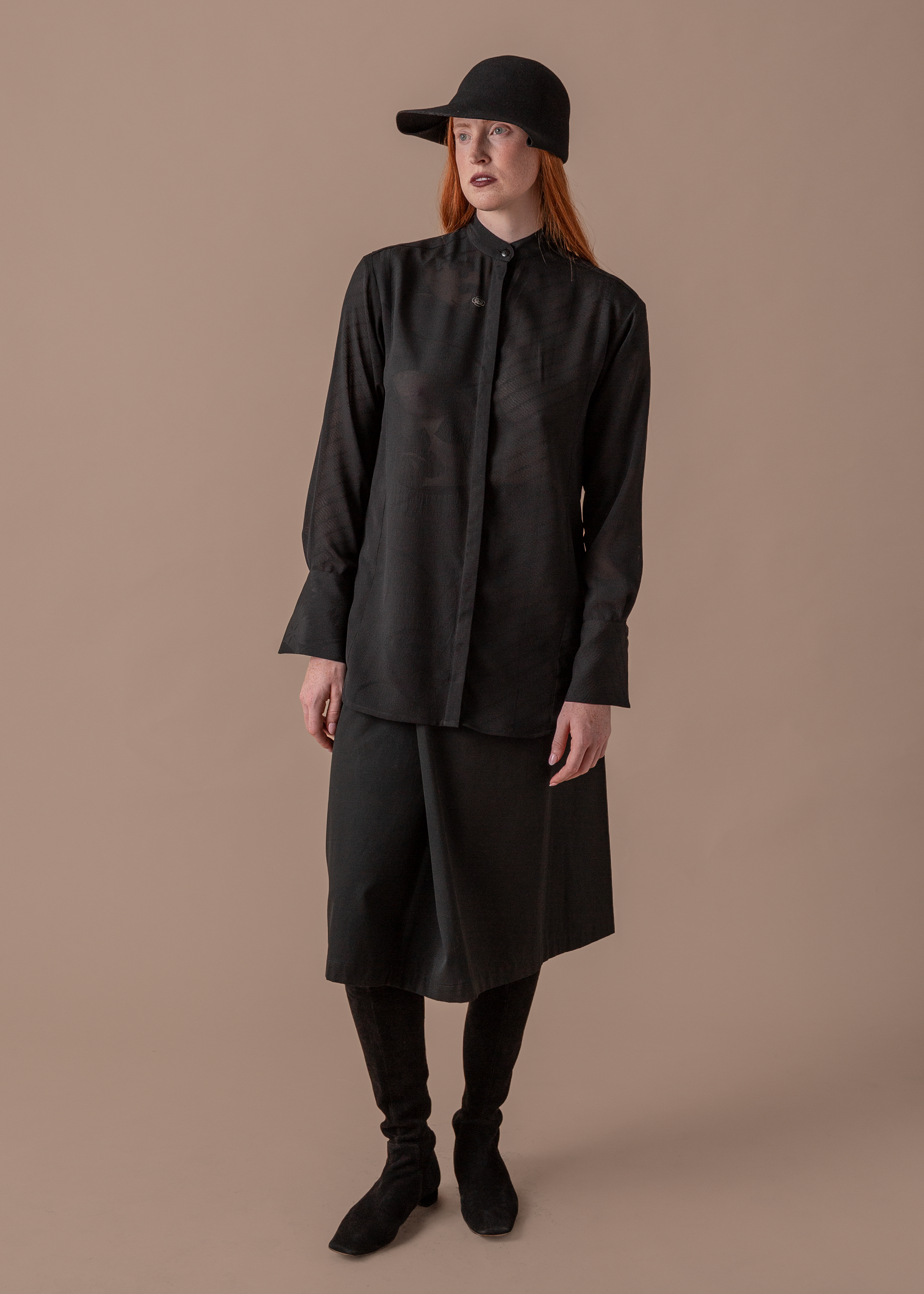 Madison Shirt in Vintage Black Crepe with Sheer Woven Pattern