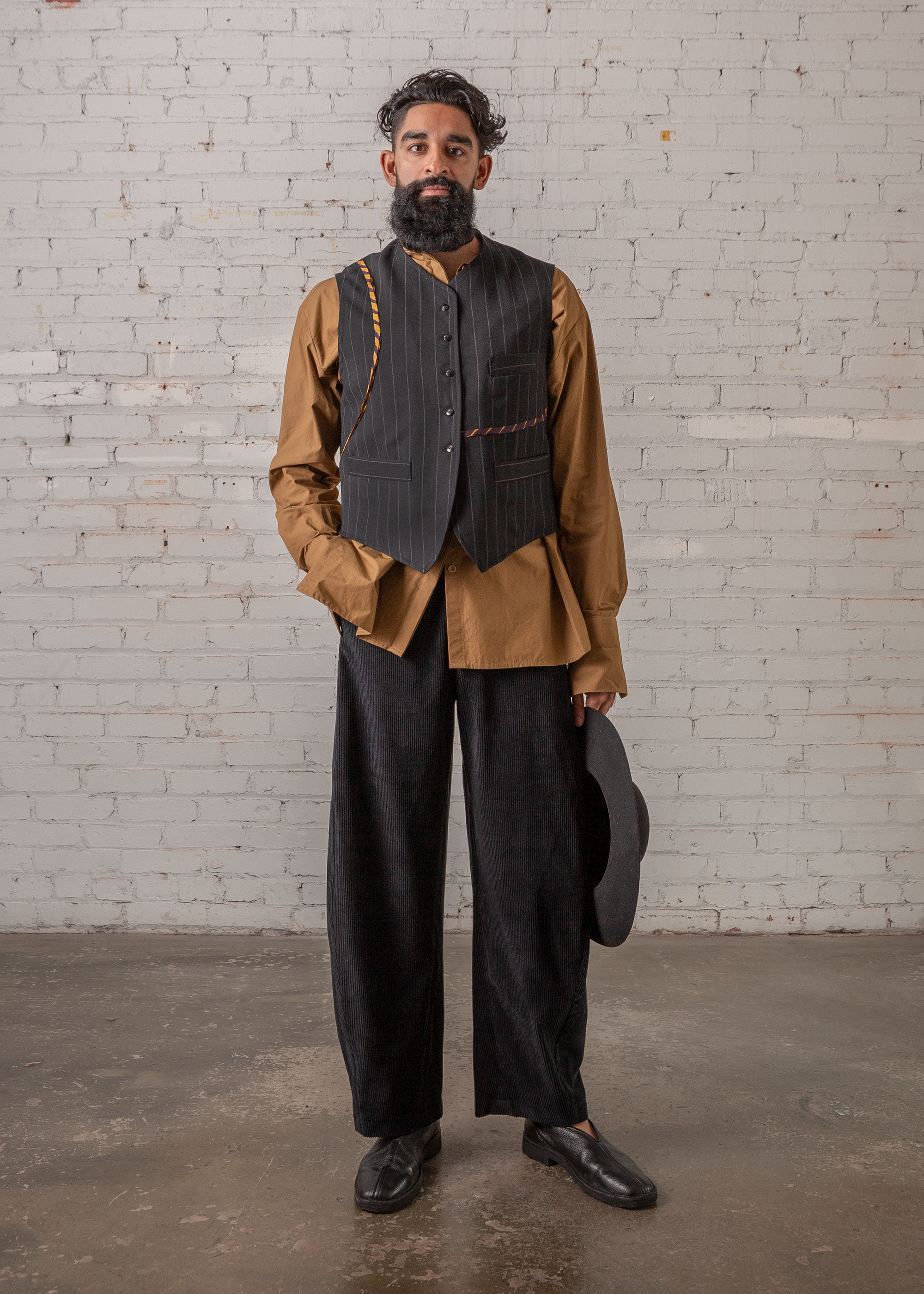 Japan Vest in Wool Pinstripe with Vintage Ribbons