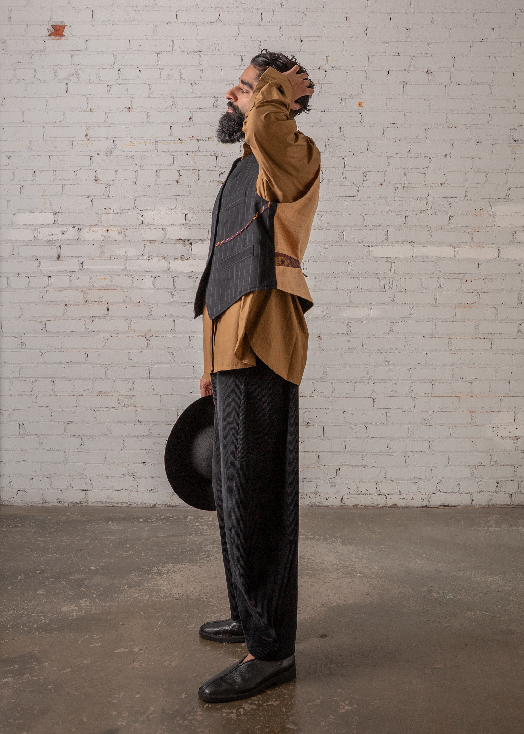 Japan Vest in Wool Pinstripe with Vintage Ribbons