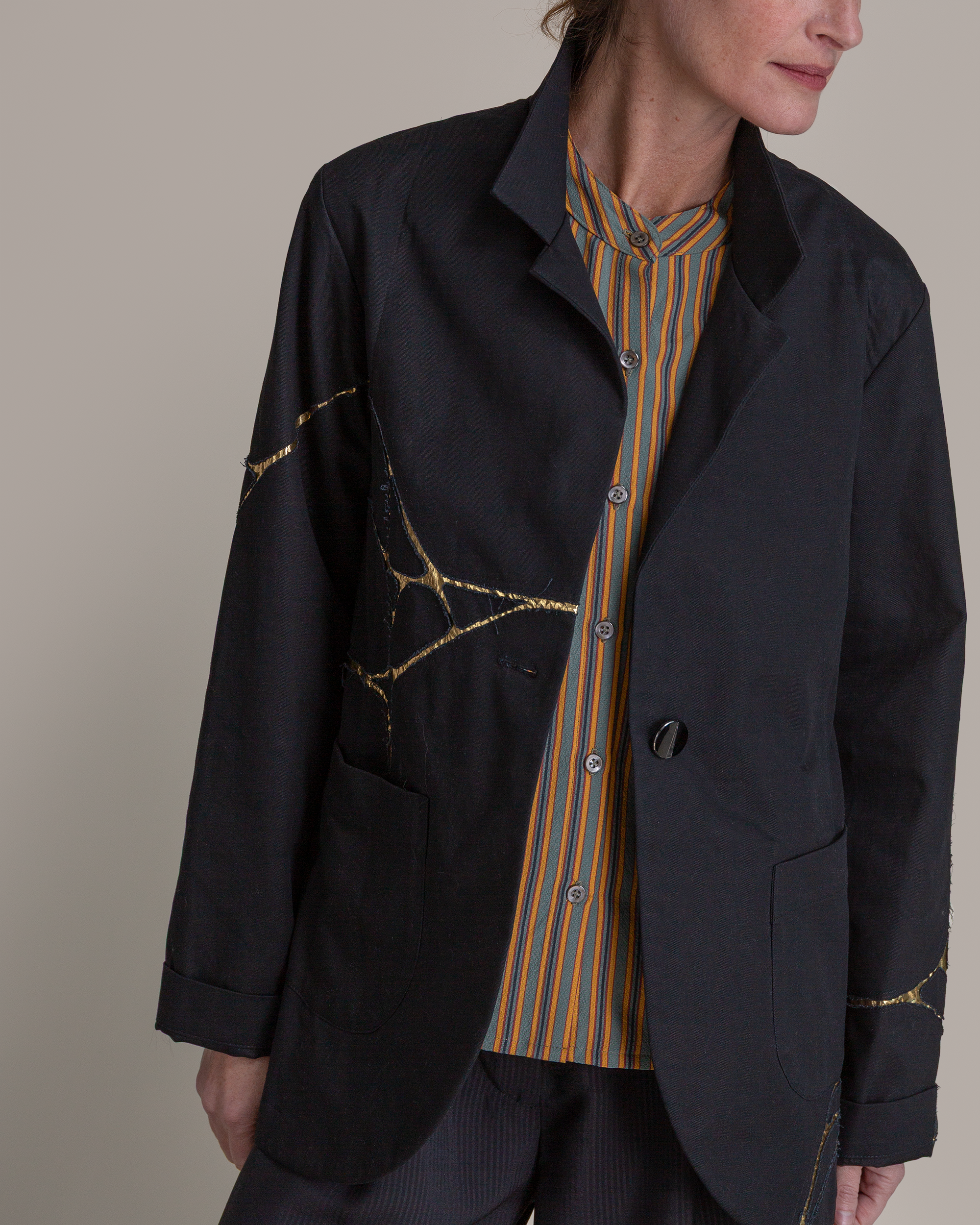 Slouchy Christina Jacket in Black Twill with Kintsugi