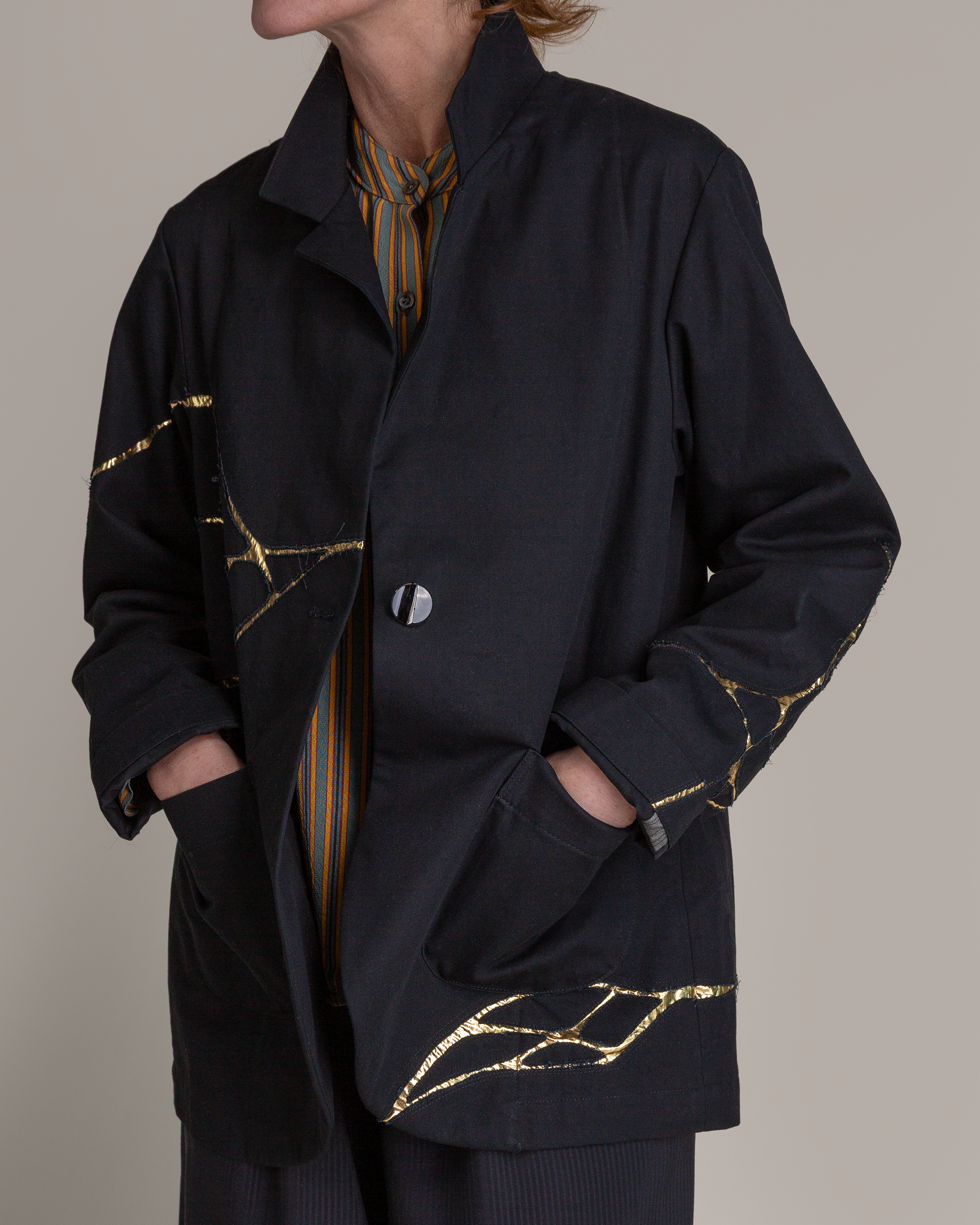 Slouchy Christina Jacket in Black Twill with Kintsugi