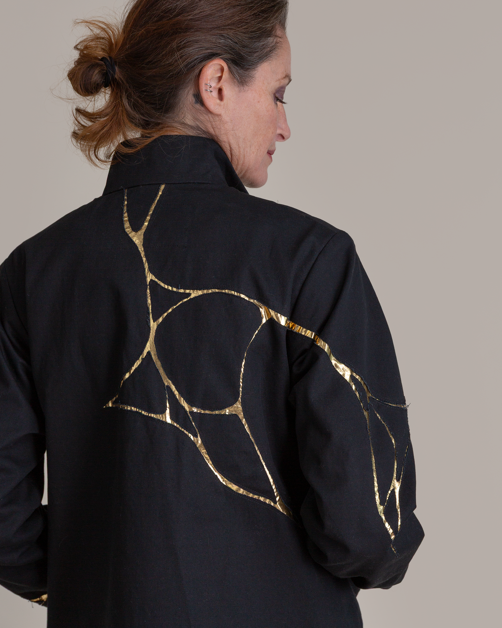 Slouchy Christina Jacket in Black Twill with Kintsugi