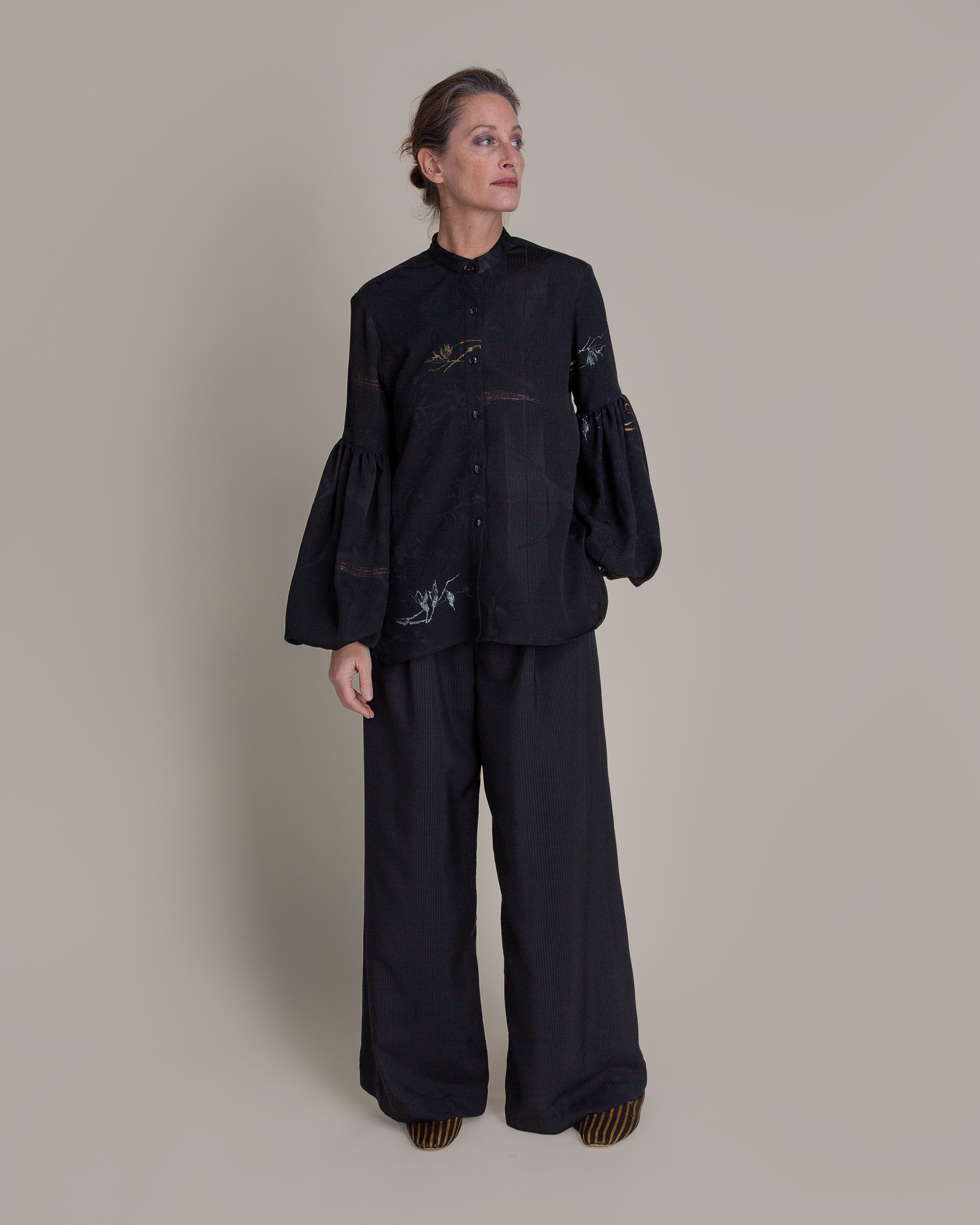 Pouf Sleeve Blouse in Vintage Japanese Silk Damask Mix