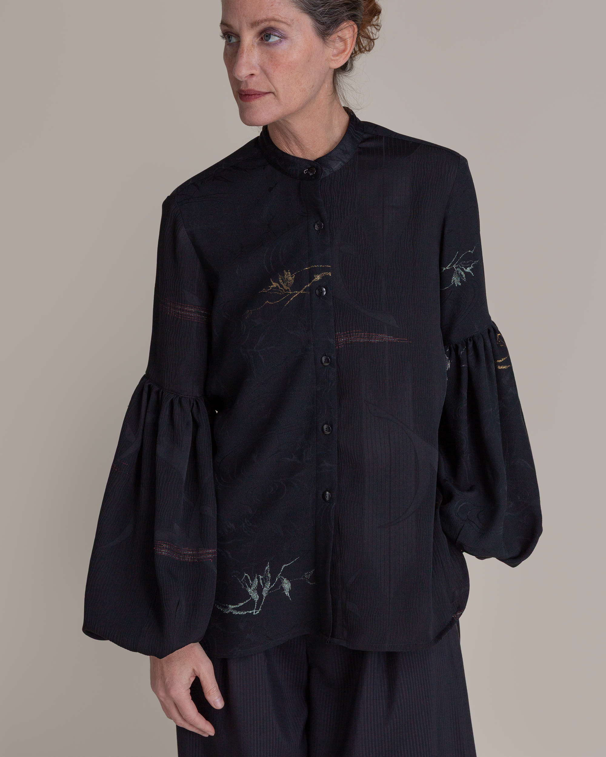 Pouf Sleeve Blouse in Vintage Japanese Silk Damask Mix