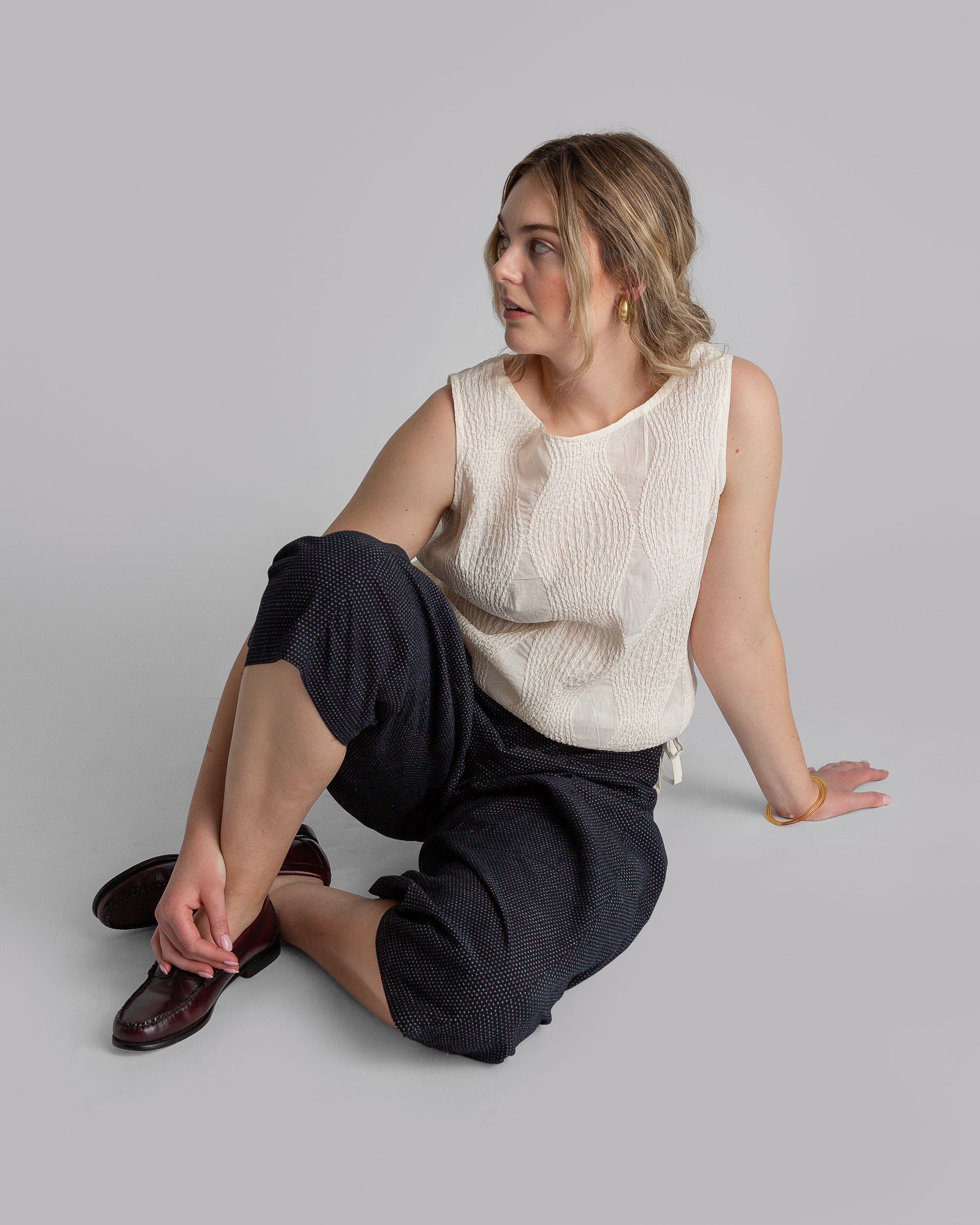 Drawstring Top in Ivory Nuno Fisheye