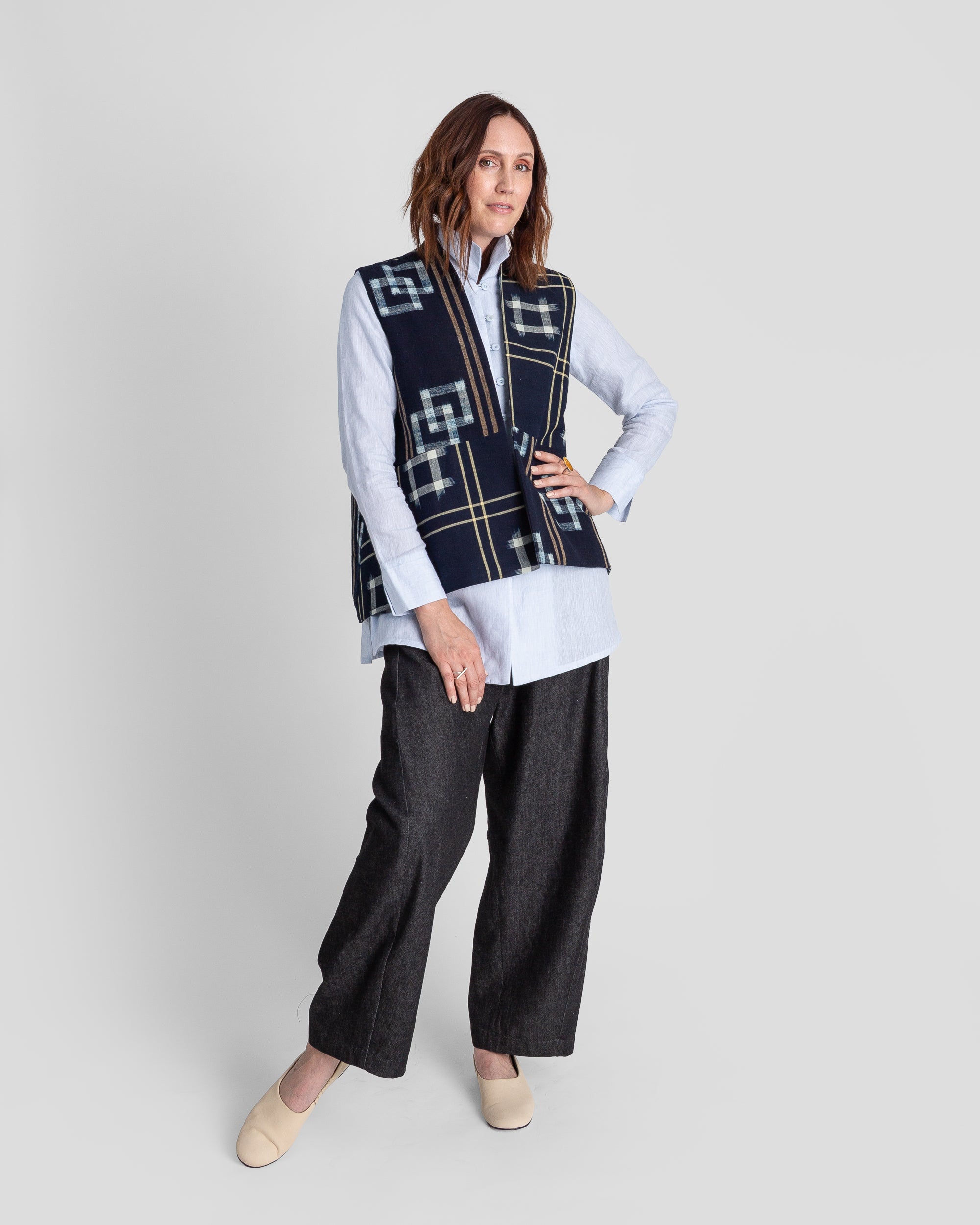 Checker Vest in Vintage Japanese Indigo Cotton Ikat