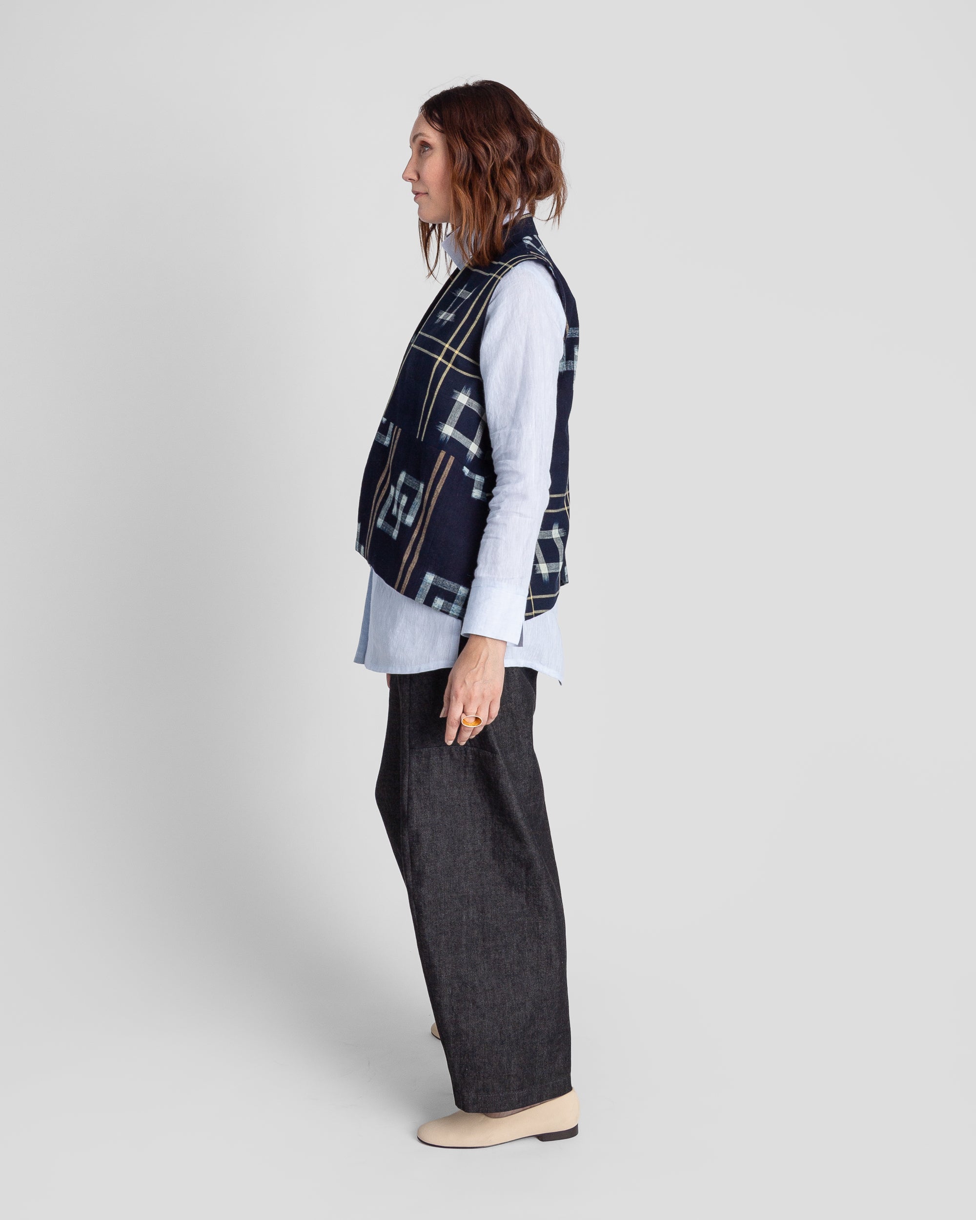 Checker Vest in Vintage Japanese Indigo Cotton Ikat