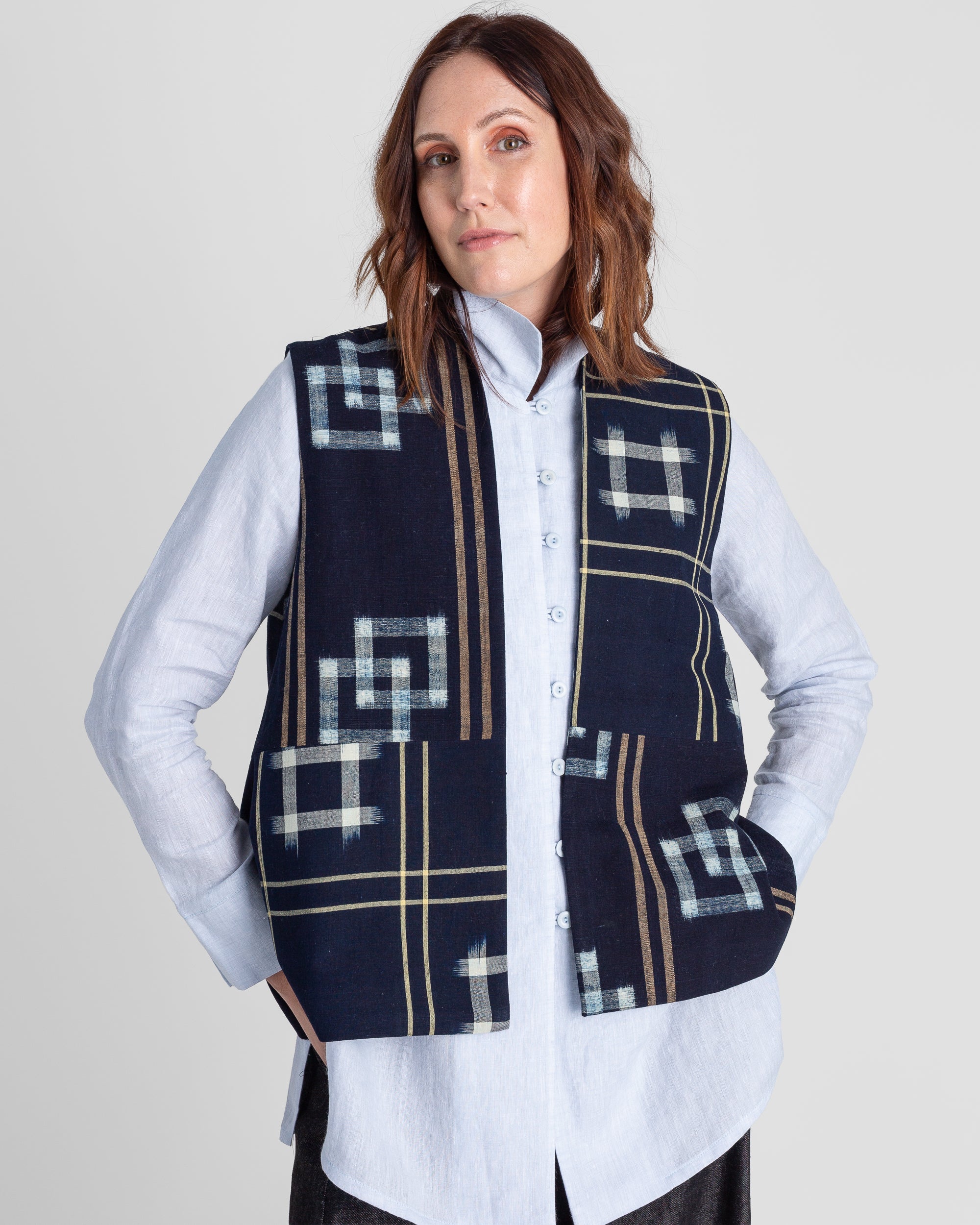 Checker Vest in Vintage Japanese Indigo Cotton Ikat