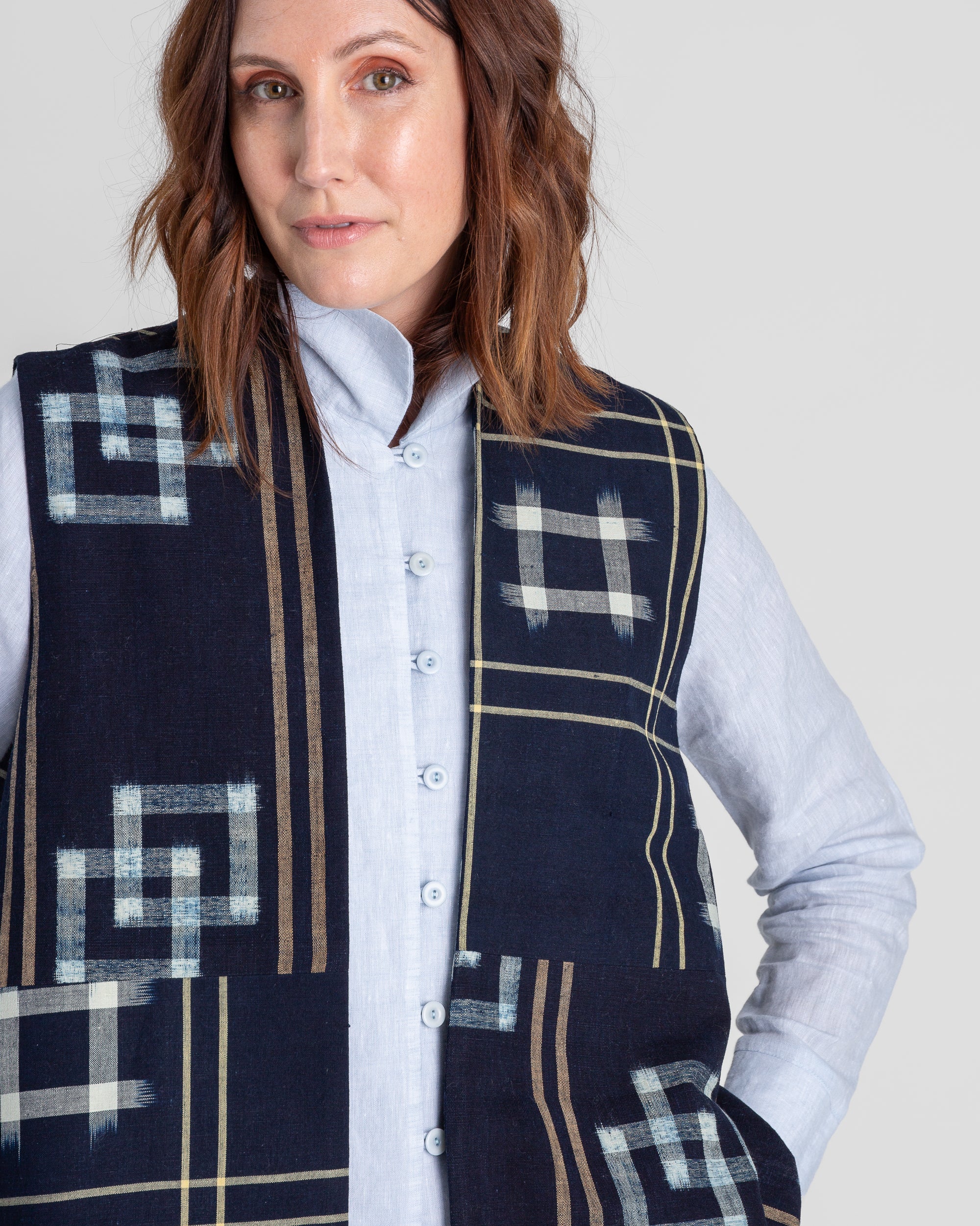 Checker Vest in Vintage Japanese Indigo Cotton Ikat