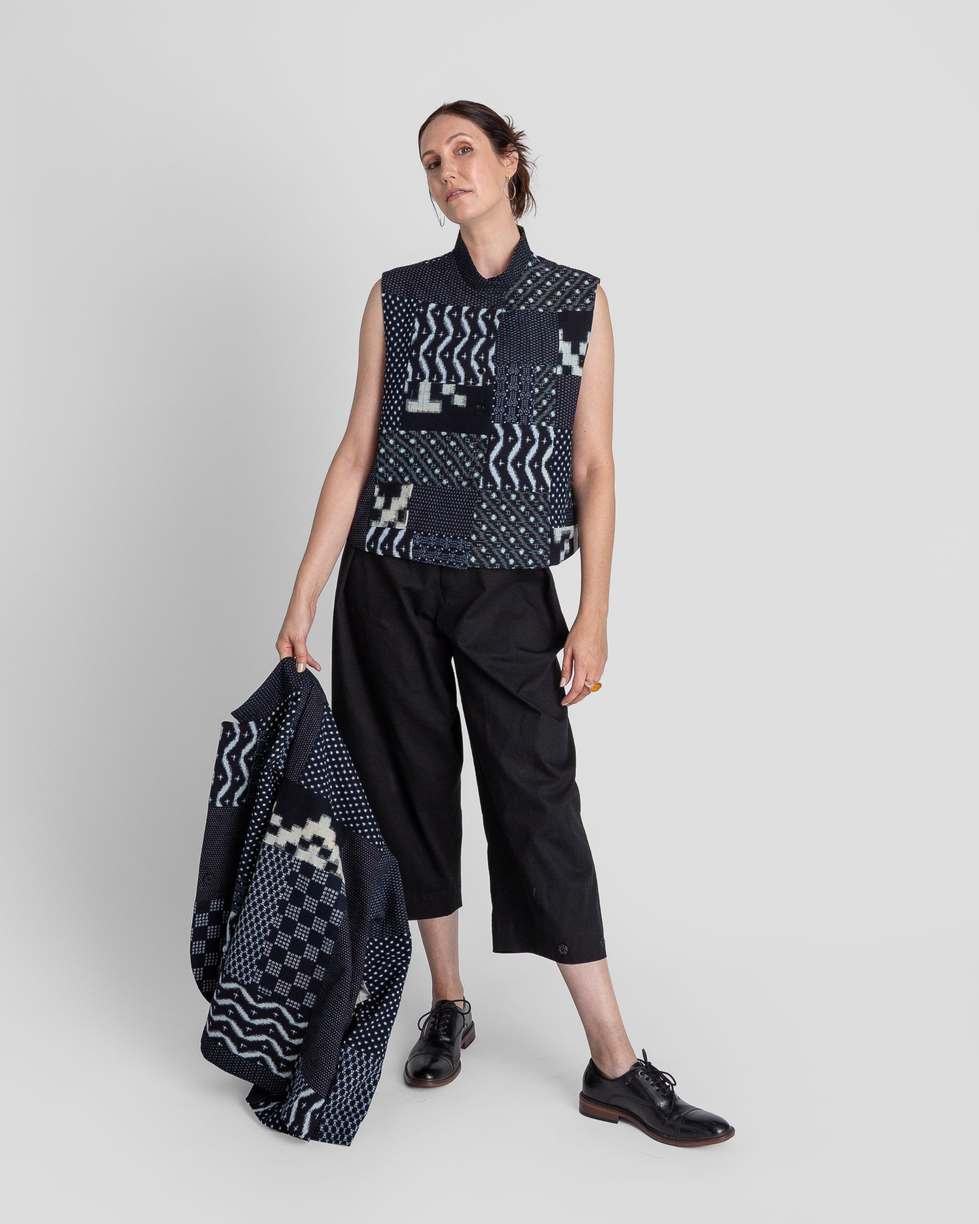 Mandarin Vest in Vintage Japanese ikat Indigo Cottons