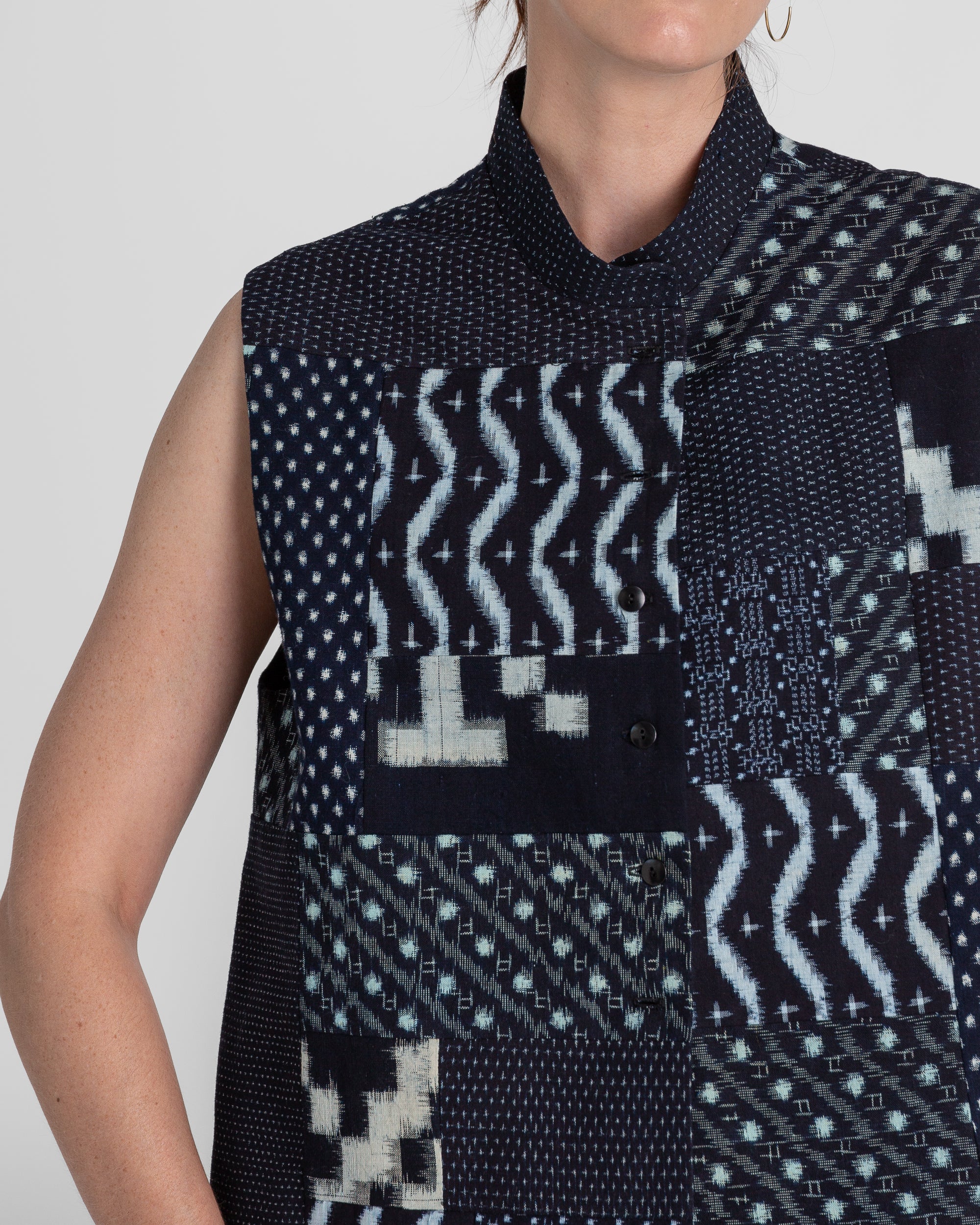 Mandarin Vest in Vintage Japanese ikat Indigo Cottons