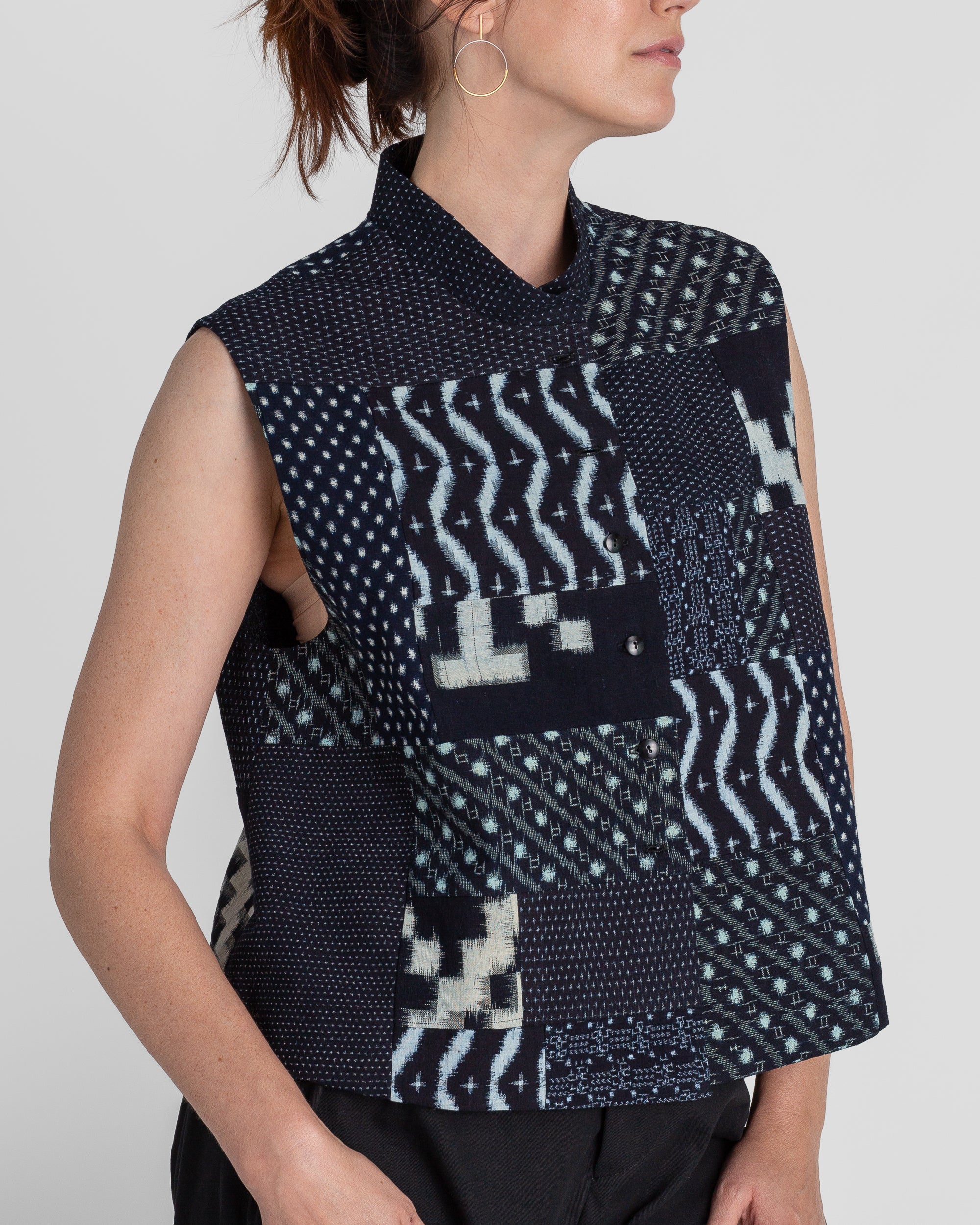 Mandarin Vest in Vintage Japanese ikat Indigo Cottons