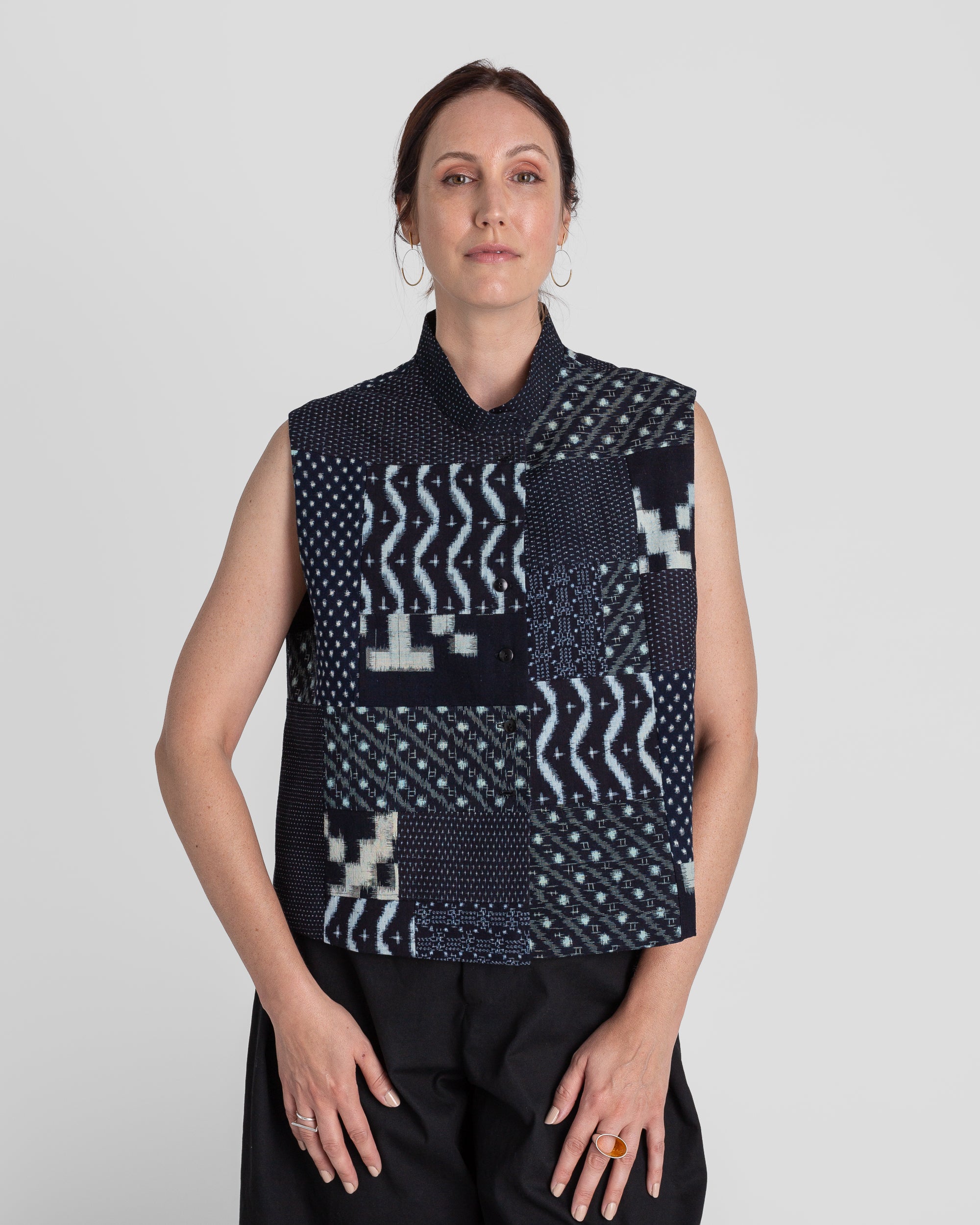 Mandarin Vest in Vintage Japanese ikat Indigo Cottons