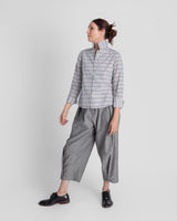 Cropped Shibori Shirt with Cuff in Vintage Japanese Cotton Ikat Grid.