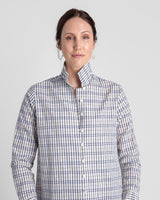 Cropped Shibori Shirt with Cuff in Vintage Japanese Cotton Ikat Grid.