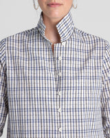 Cropped Shibori Shirt with Cuff in Vintage Japanese Cotton Ikat Grid.