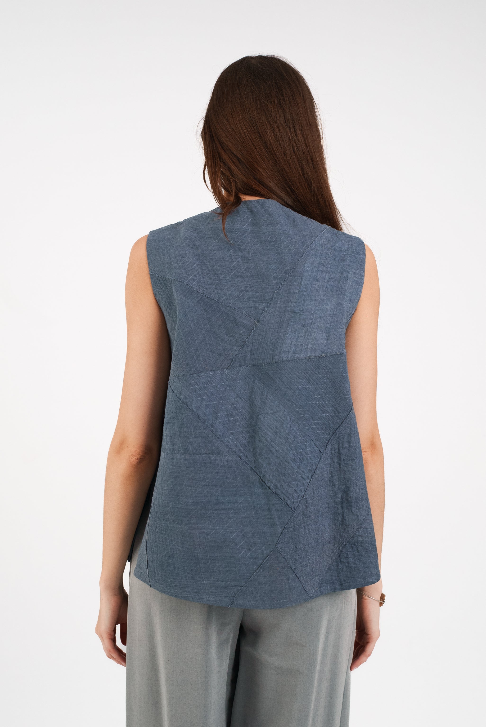 Round Neck Vest in Raw Pieced Vintage Linen