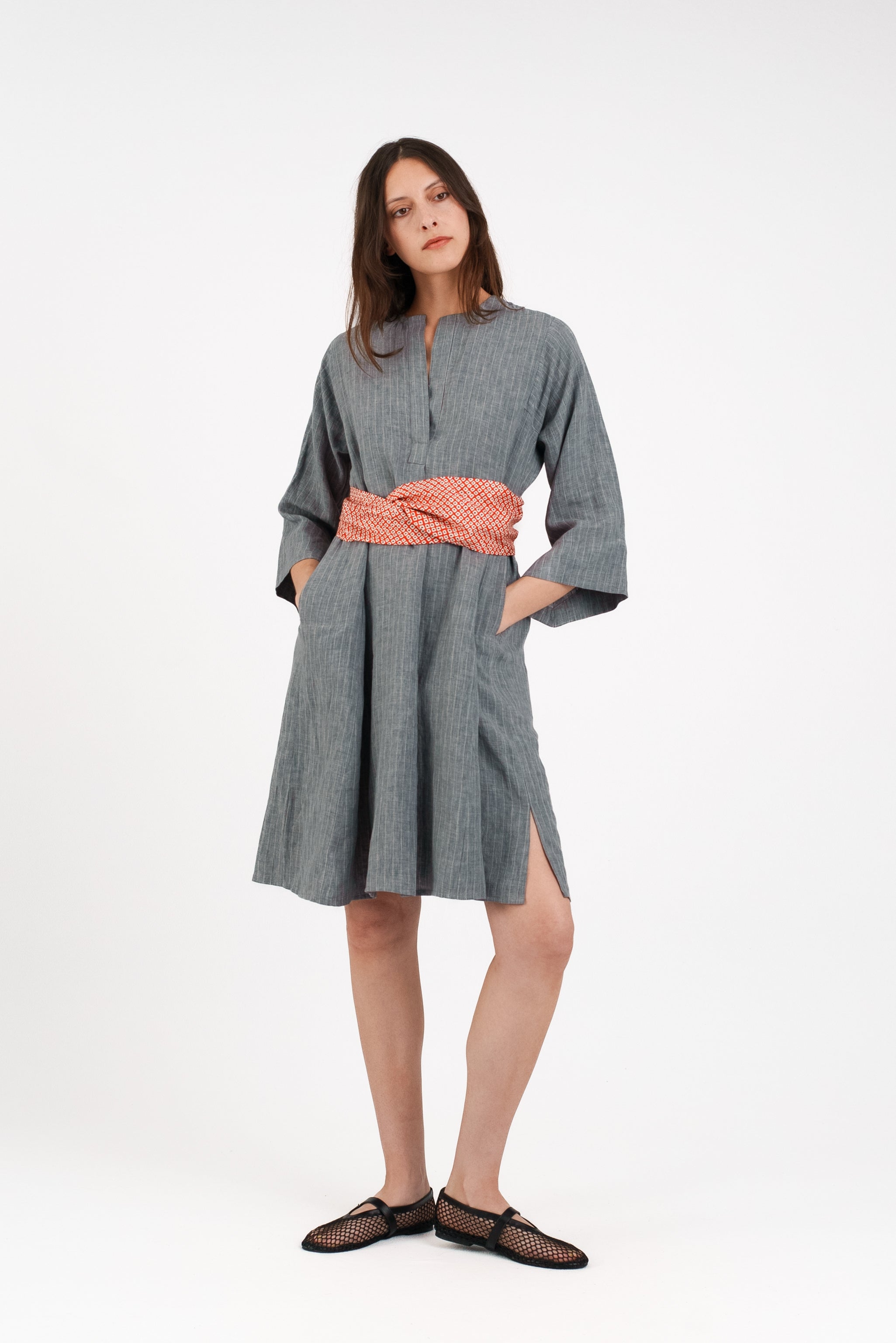 Slim Panel Tunic in Grey Striped Linen