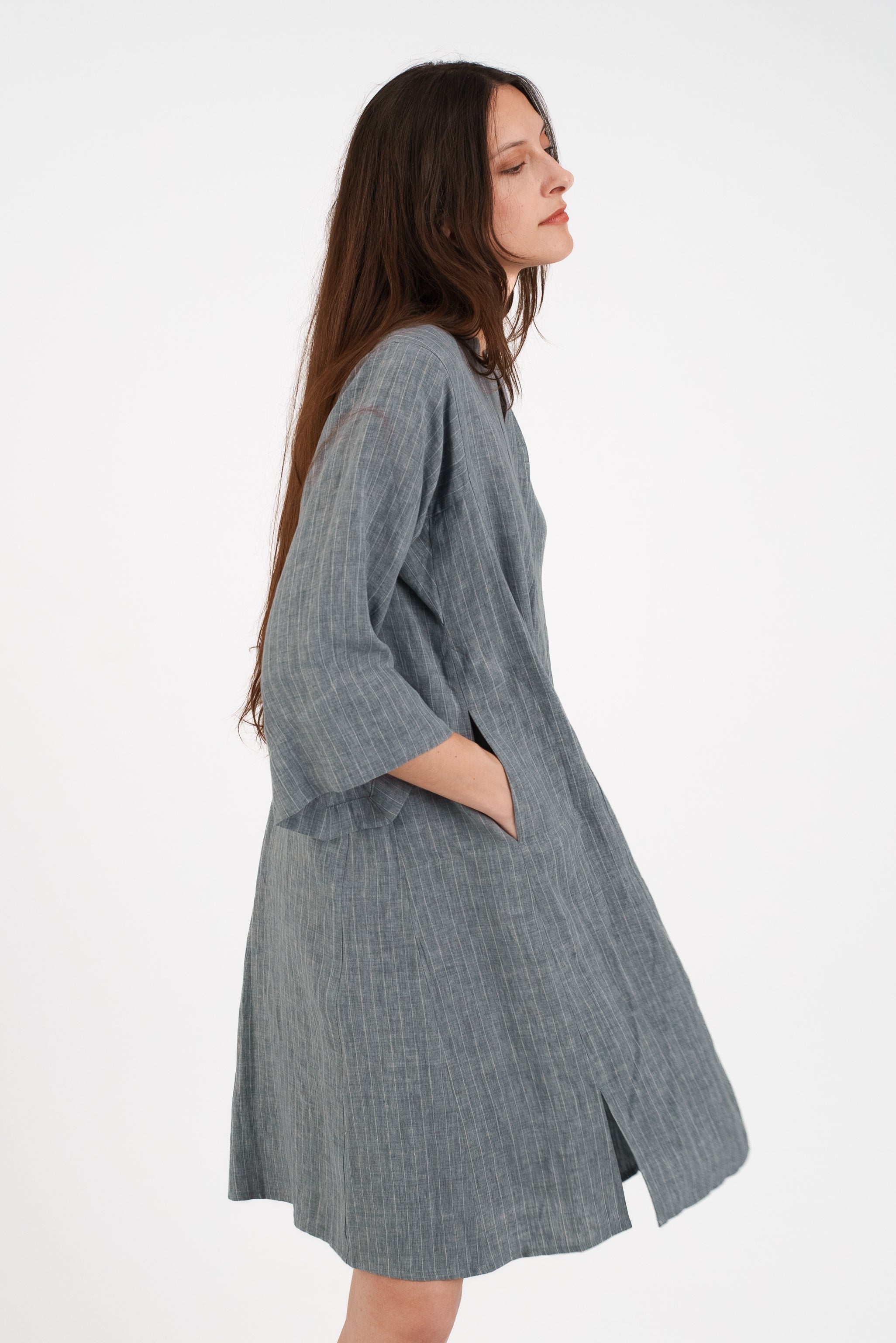 Slim Panel Tunic in Grey Striped Linen