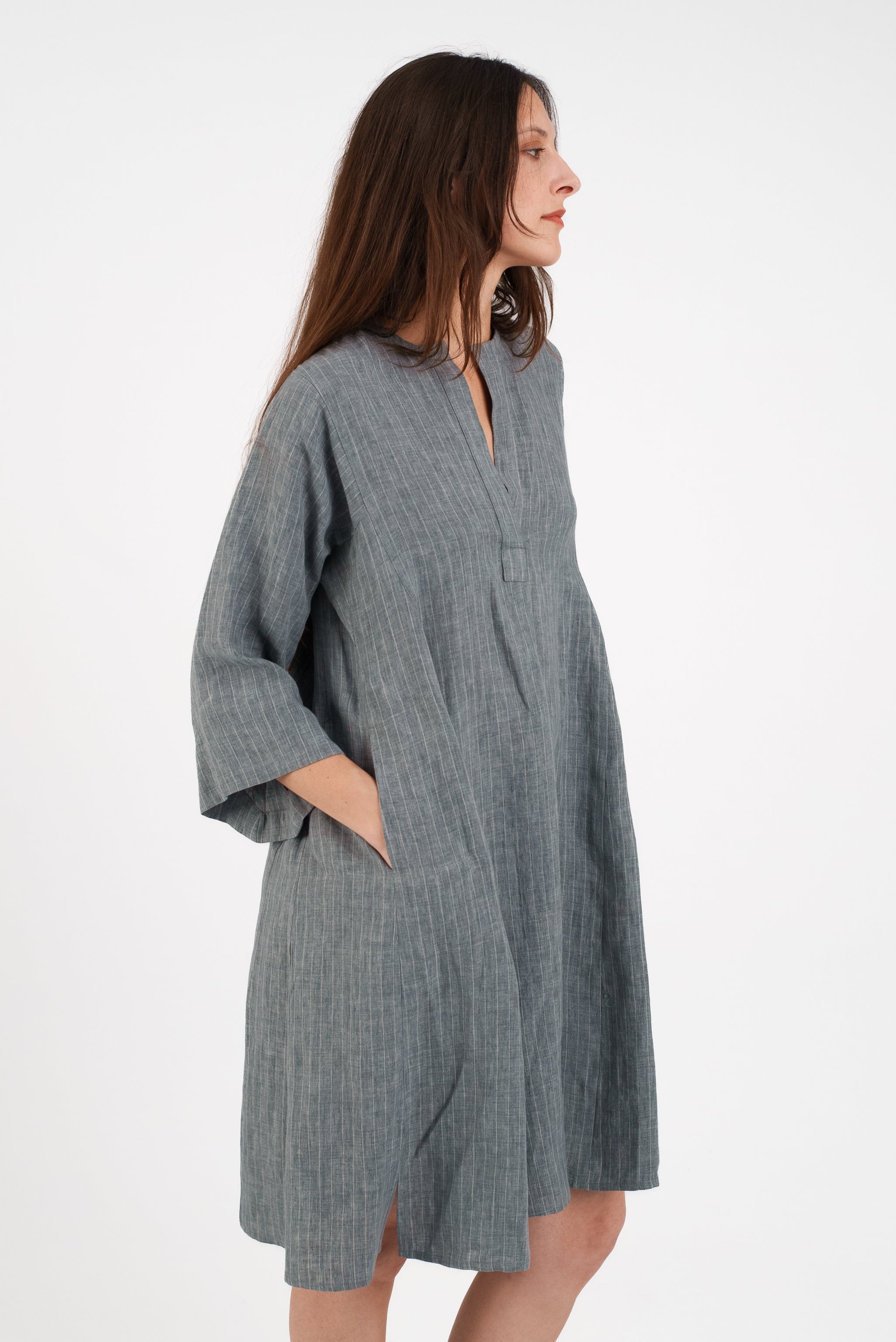 Slim Panel Tunic in Grey Striped Linen