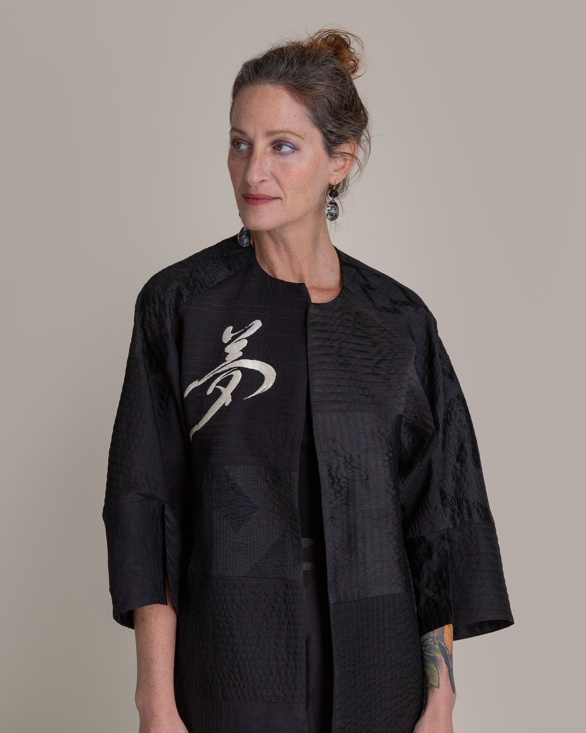 Long Party Jacket in Pieced Vintage Japanese Black Silk Mix
