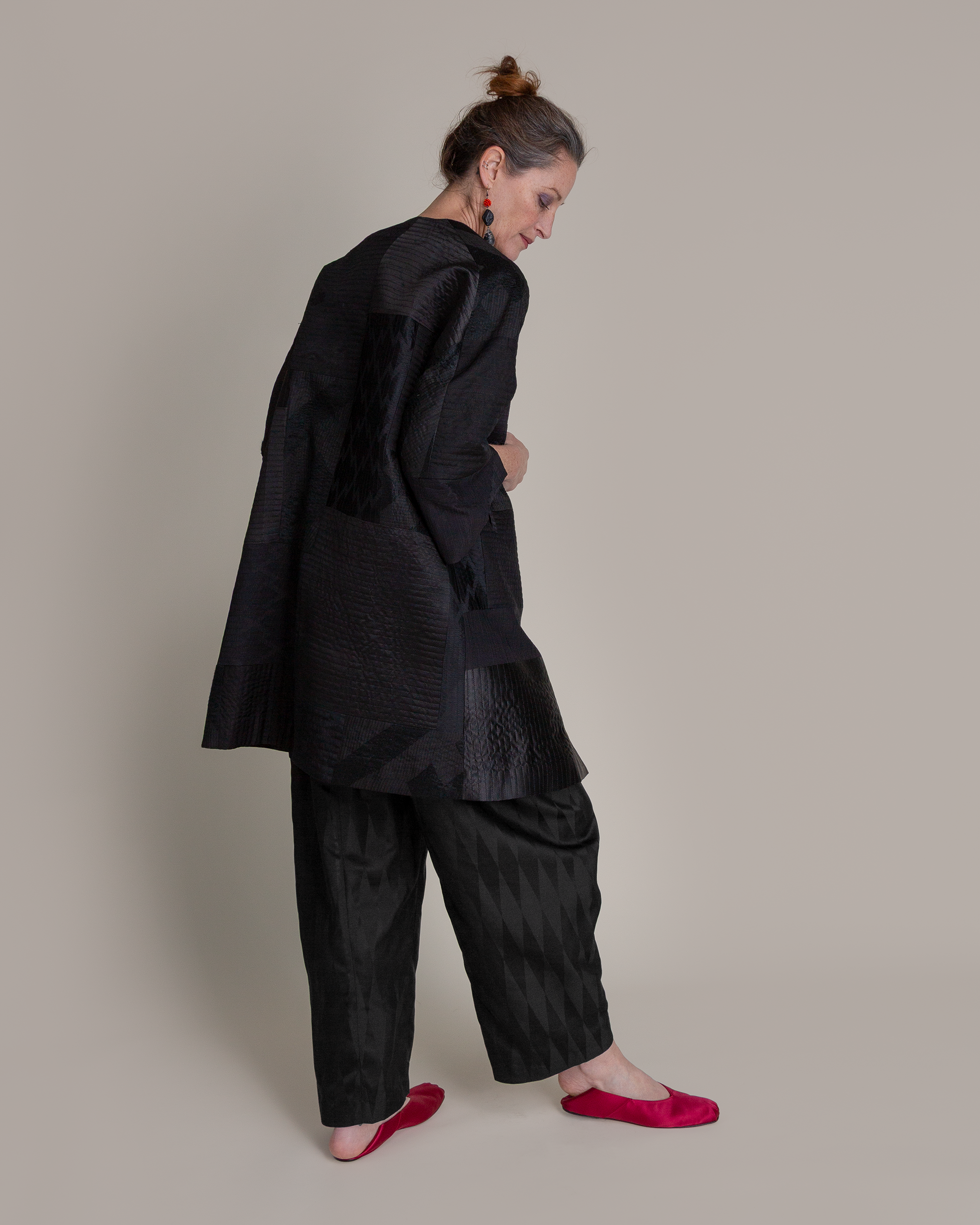 Long Party Jacket in Pieced Vintage Japanese Black Silk Mix