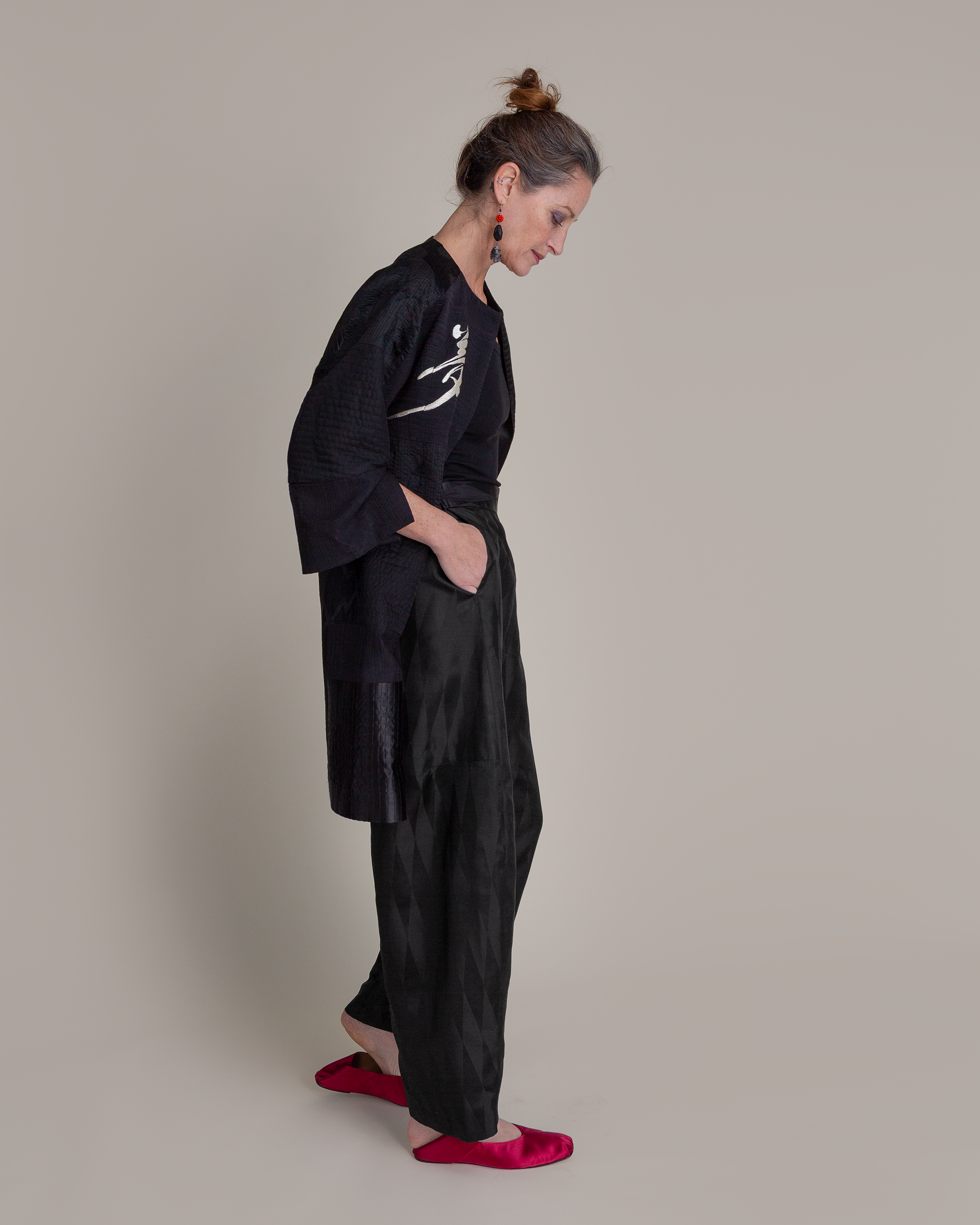 Long Party Jacket in Pieced Vintage Japanese Black Silk Mix