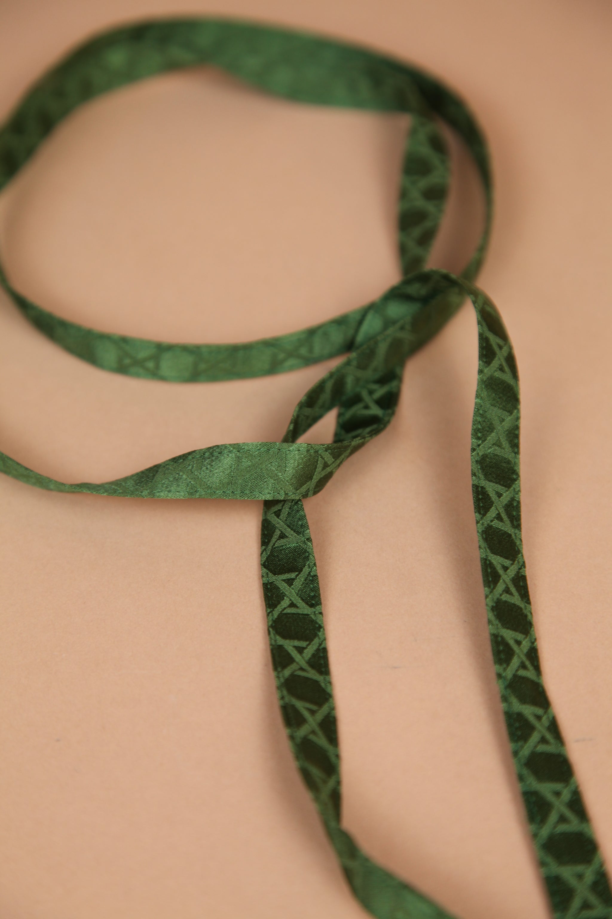 Skinny Ribbon Tie in Vintage Japanese Silk in Green Lattice