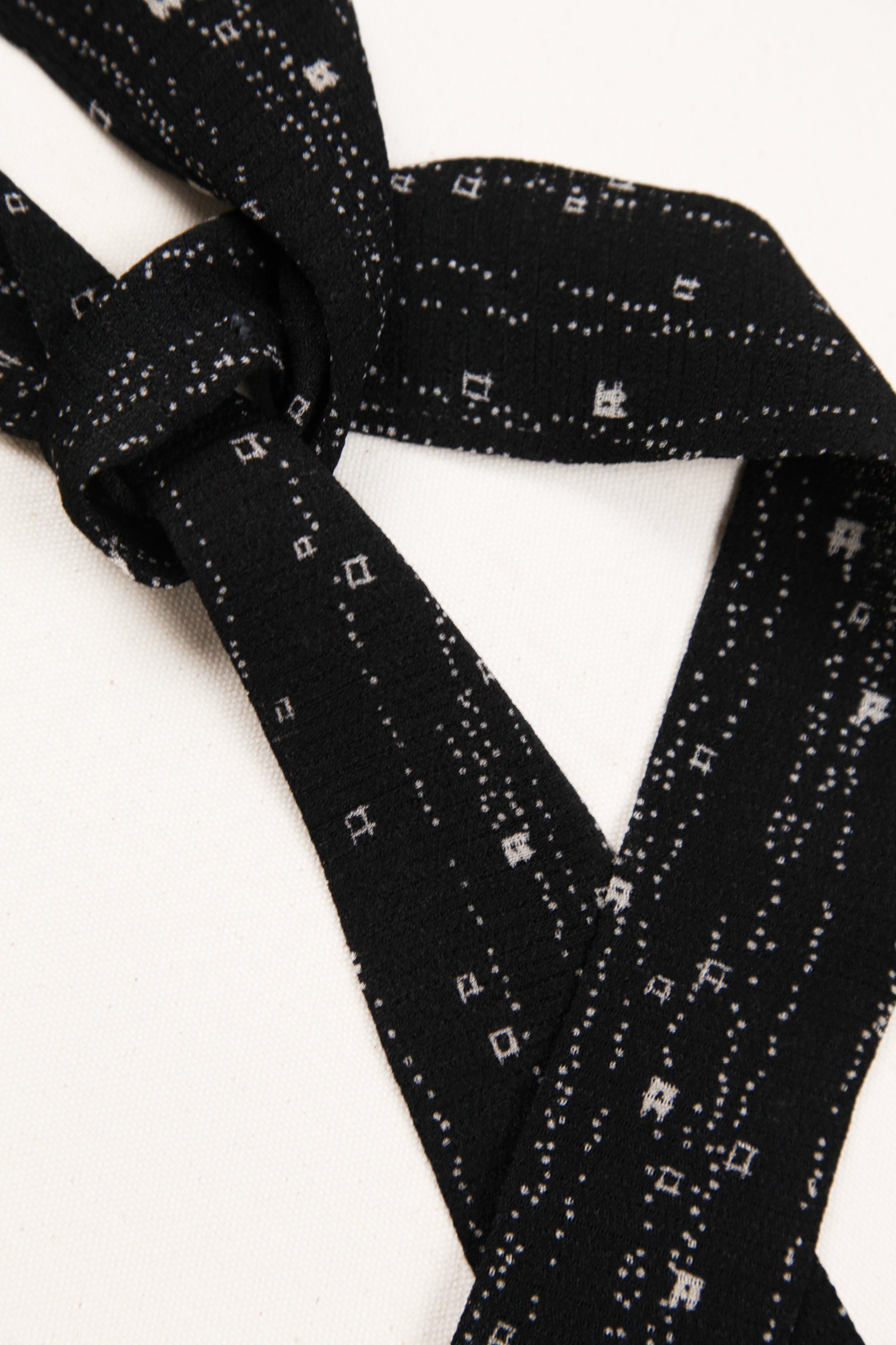 Long Wide Ribbon Tie in Vintage Japanese Black Micro Print Silk