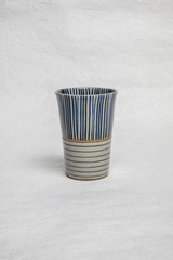 Tall Stoneware Cup in Blue and Olive Stripes