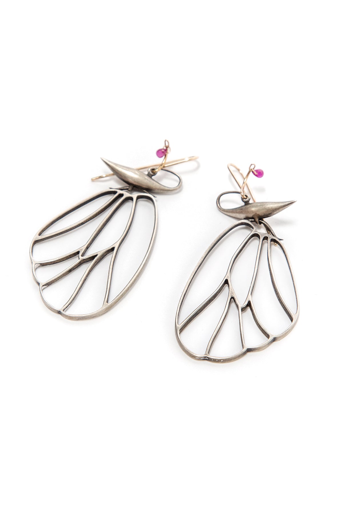 Silver Butterfly Cell Wings with Ruby Drops