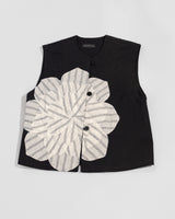 Noma Vest in Black Cotton Twill with Linen Floral Appliqué