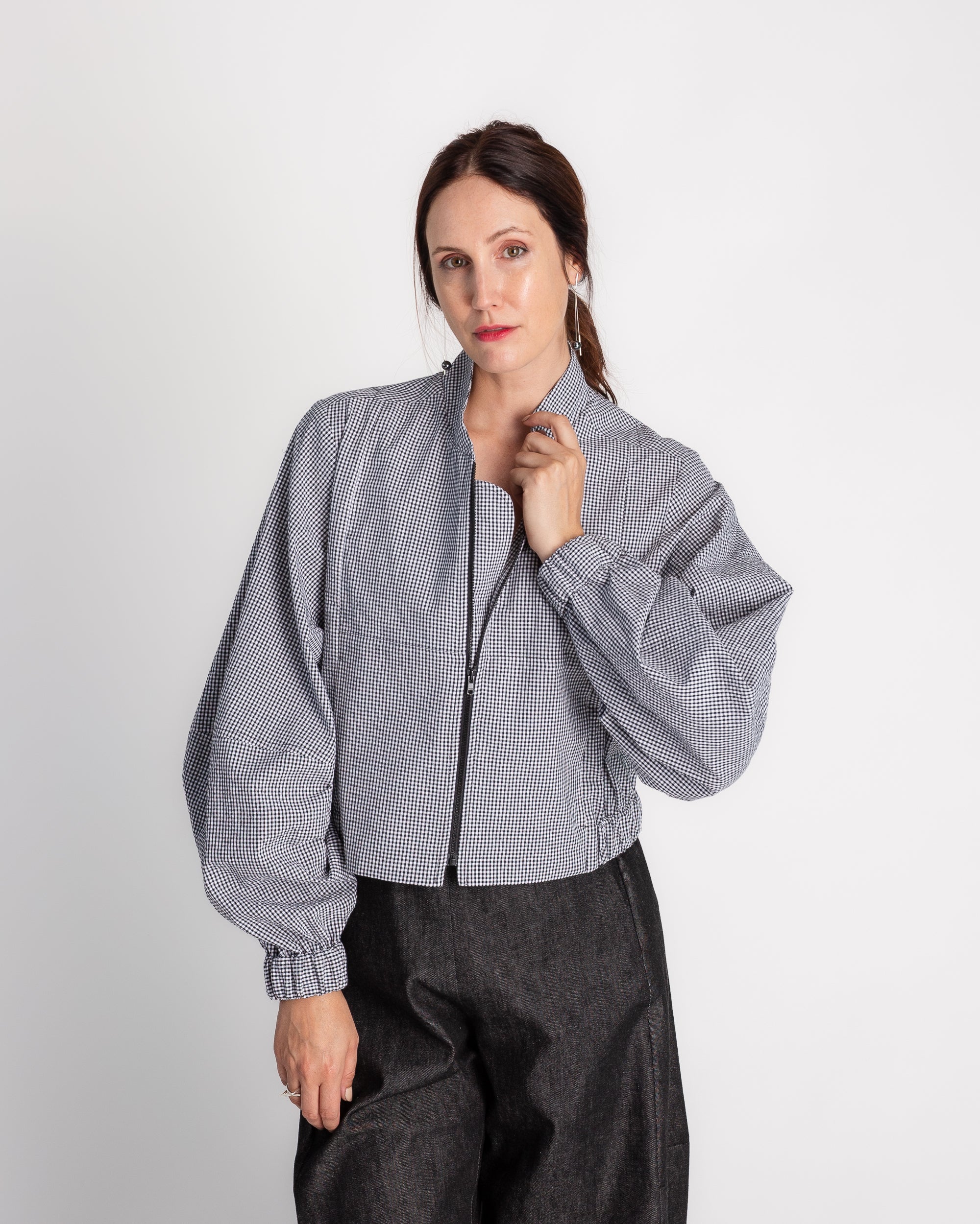 Balloon Bomber Jacket in Black and White Cotton Seeersucker