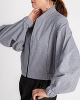 Balloon Bomber Jacket in Black and White Cotton Seeersucker