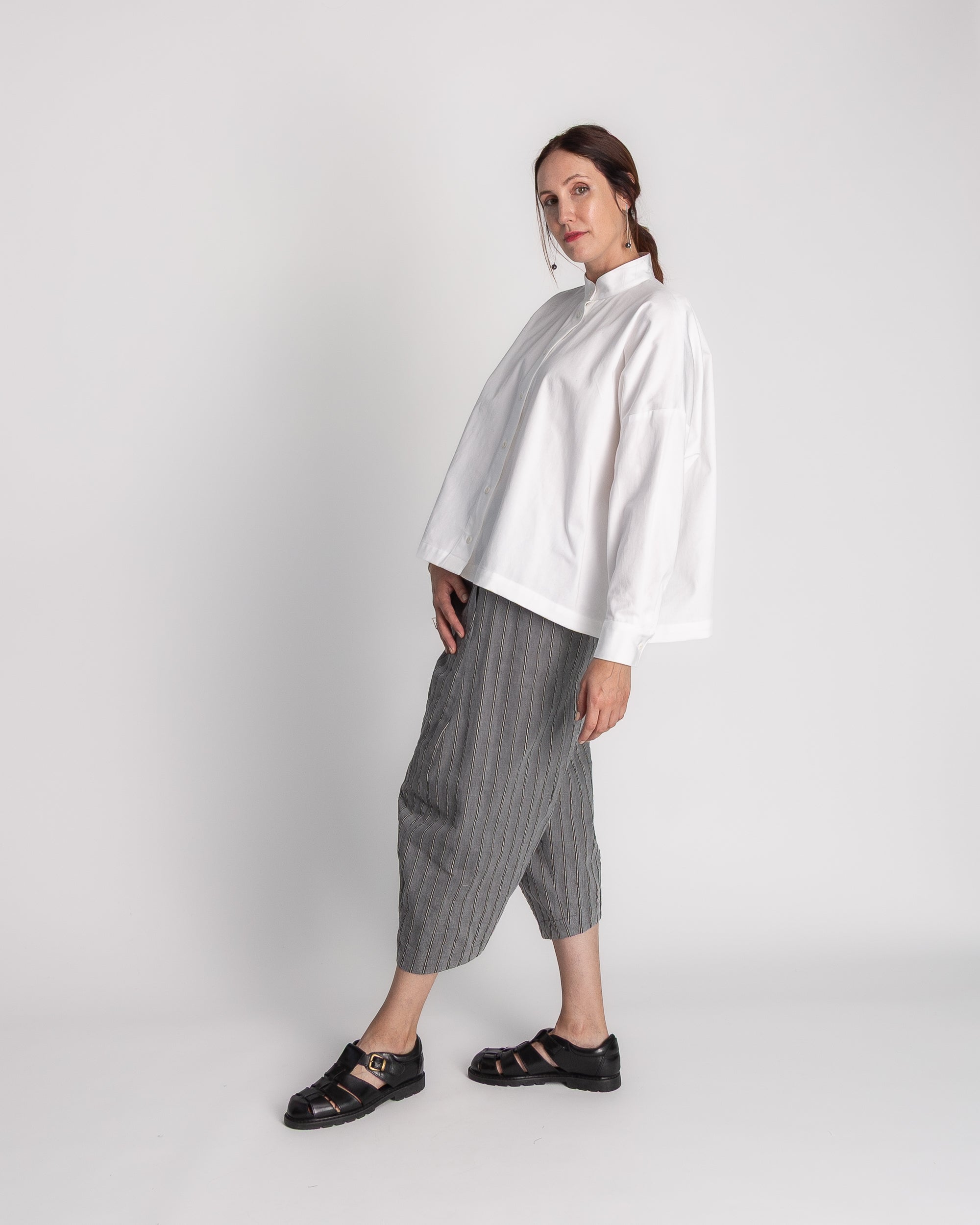 Band Collar Shirt in White Cotton Twill